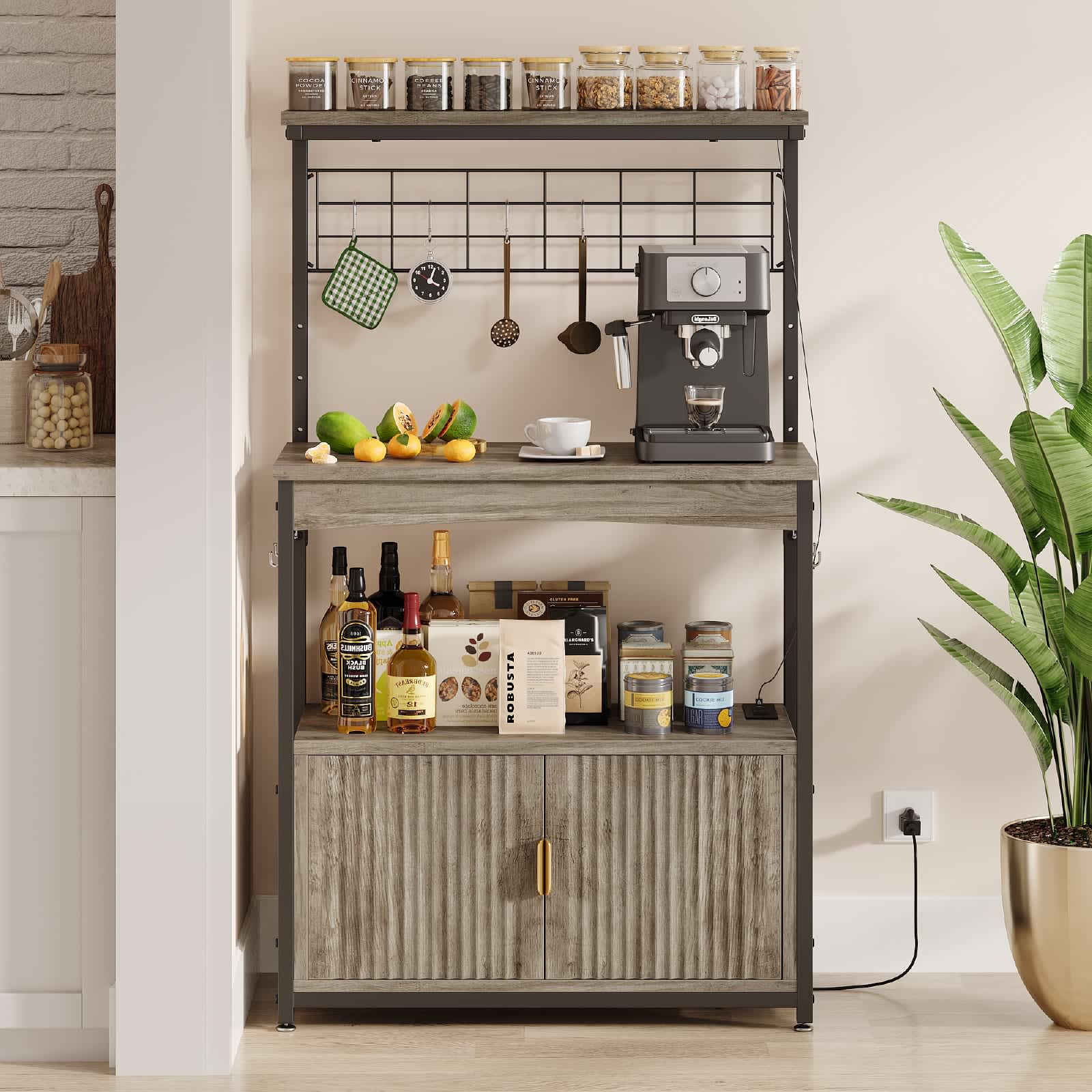 Bestier 54.65-in H Gray LED Bakers Rack with Storage Cabinet and Power Outlets and Kitchen Hooks