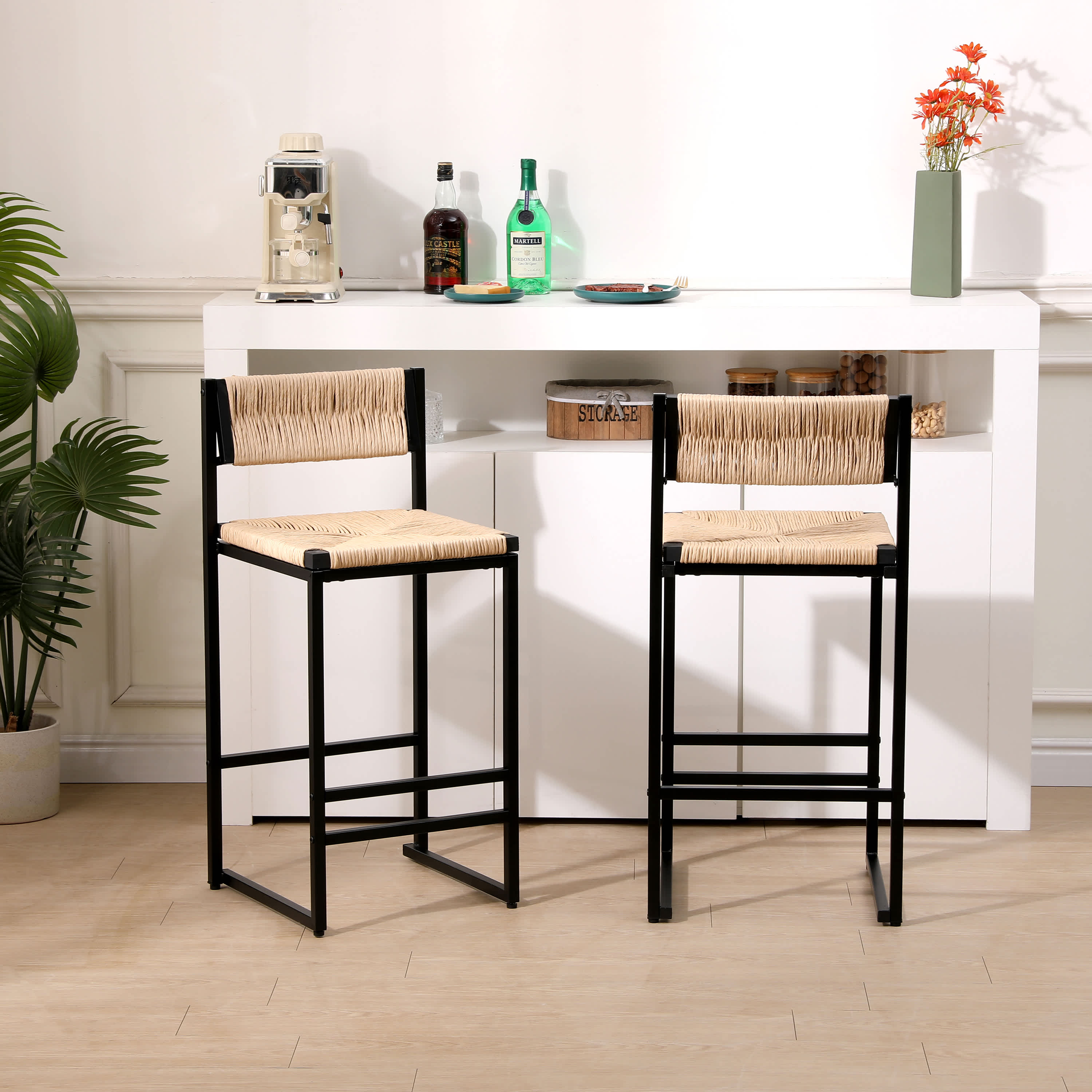 Rbied GHH-01 14.96-in L Honey Bar Stools Set of 2 Paper Rope Dining Chairs with Backrest and Hand-Woven Seat