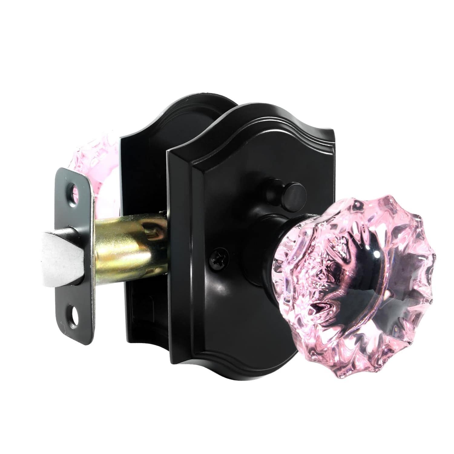 Angel Sar Rose Shape Pink Black Glass Interior Door Knobs with Lock Privacy Function for Bathroom or Bedroom