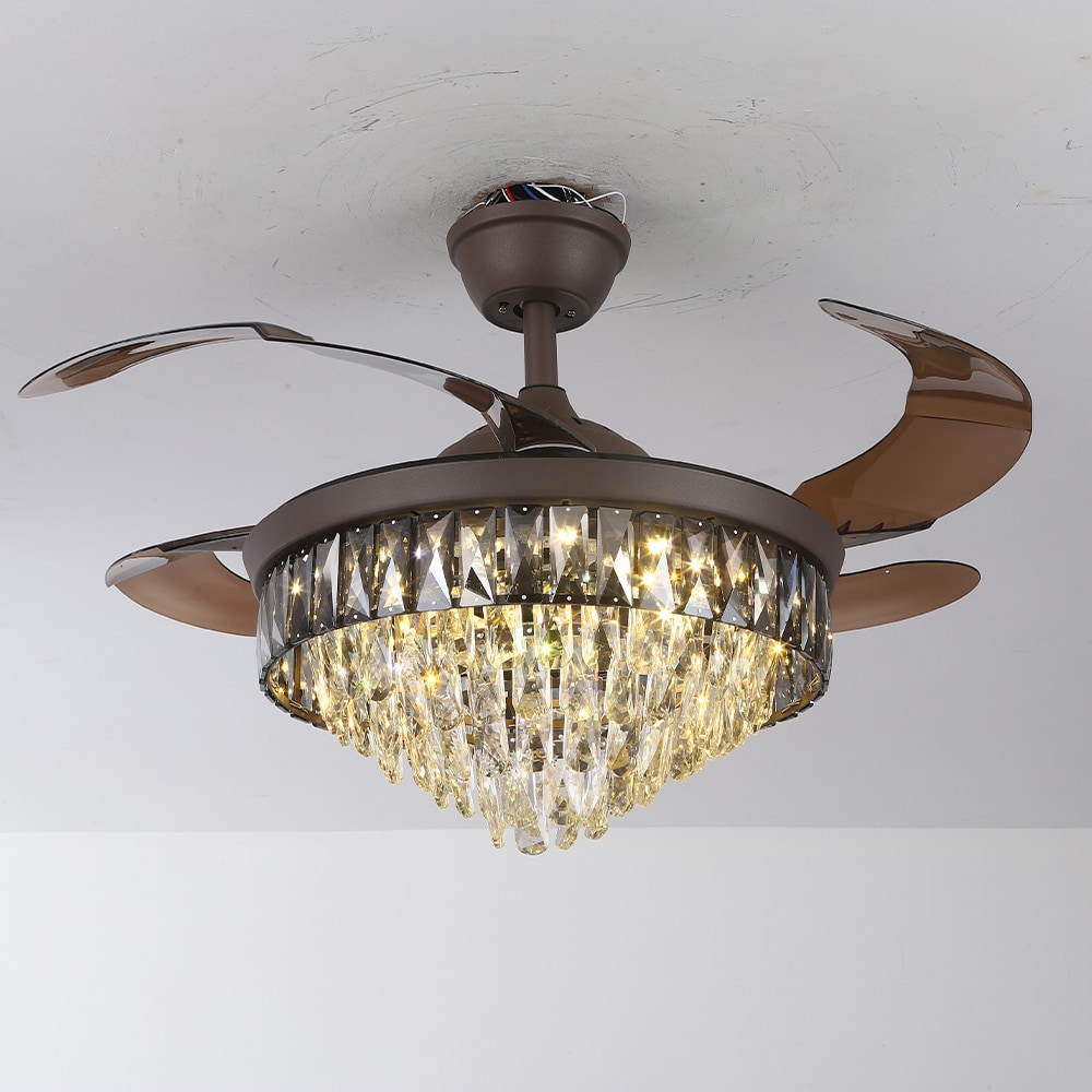 Sunrinx MG40-25-FL 42-Inches White with Brown Blades Color-Changing Integrated LED Fixture Indoor/Outdoor Downrod mount Chandelier Ceiling Fan With Light and Remote ( 4 -Blade)