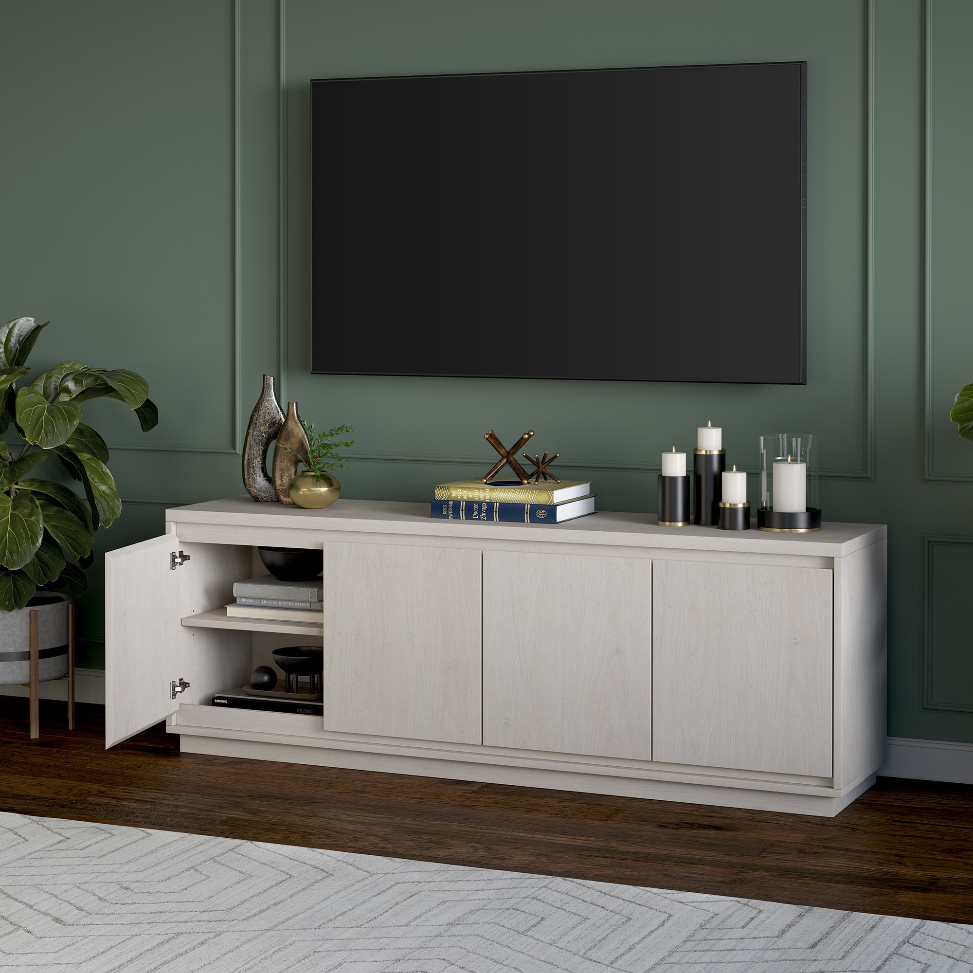 Alder White Modern TV Stand with Cabinets, 68-Inch