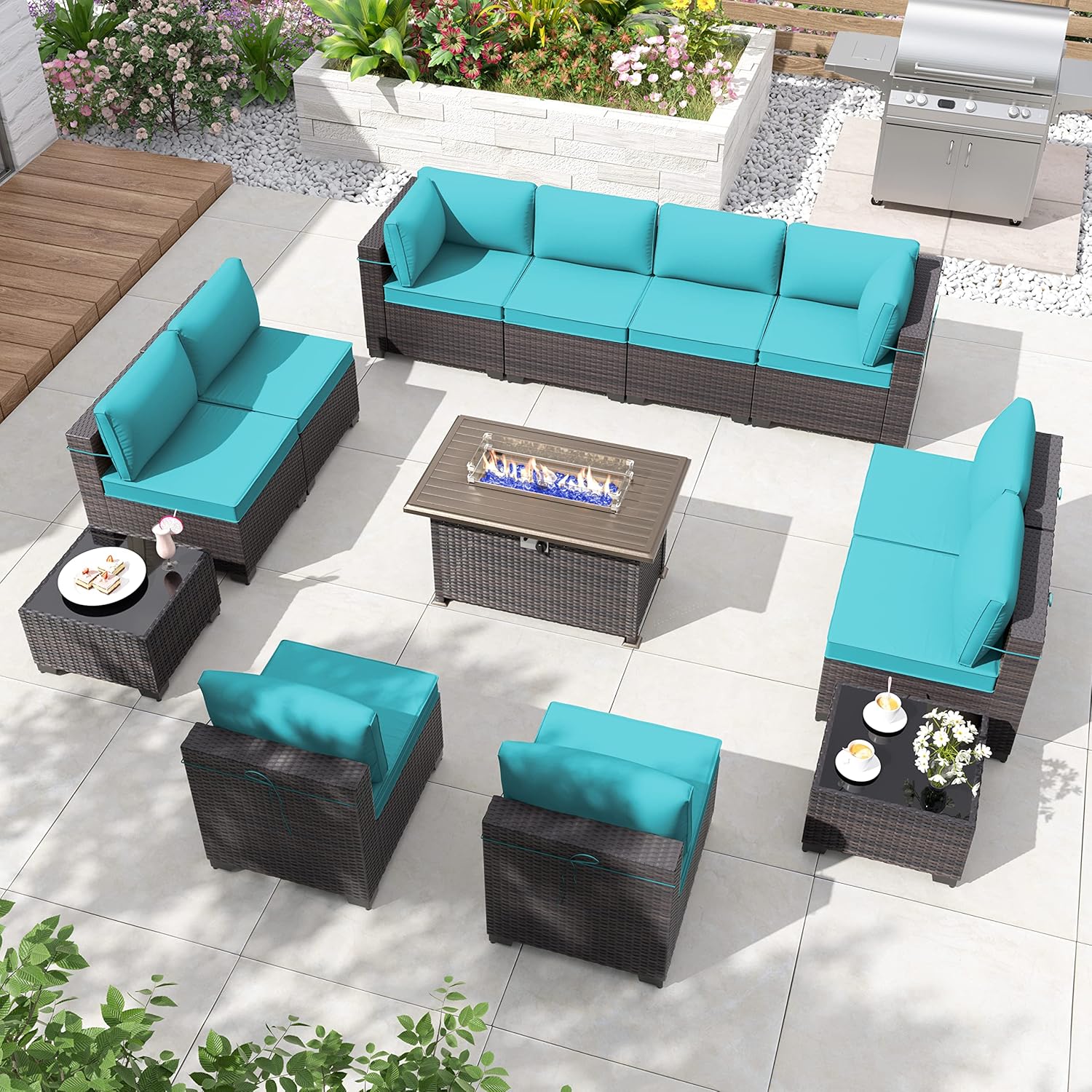 ALAULM LS-2A2BC+1-BLUE 8-Piece Rattan Patio Conversation Set with Blue Cushions