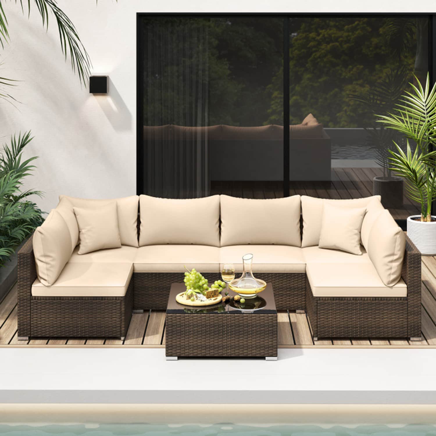 Mondawe MO-TR008TD 7 Pieces Patio Rattan Sectional Sofa Cushioned(Beige) Rattan Outdoor Sectional with Off-white Cushions and Rattan Frame