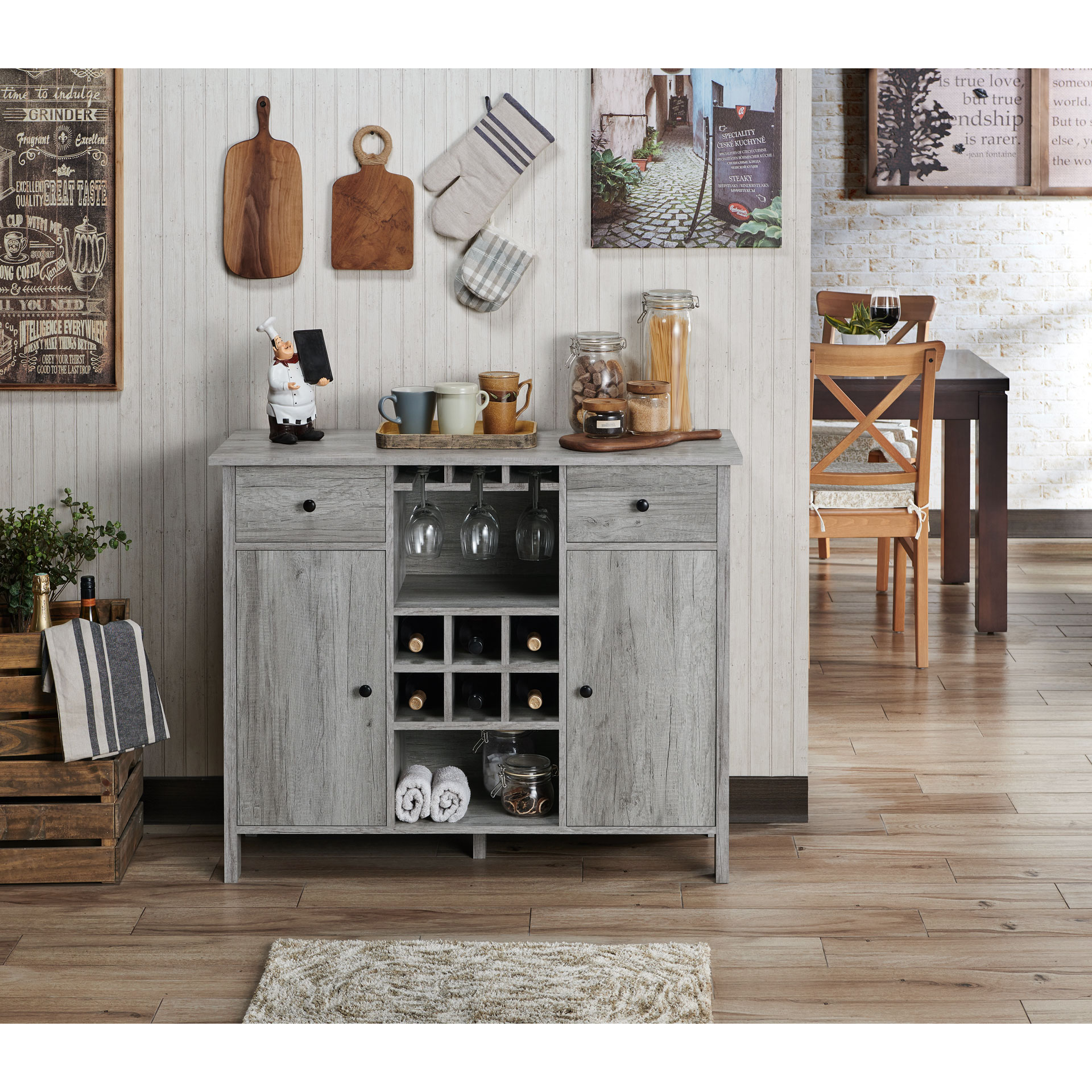 Furniture of America YNJ-19702C35 Brigman Contemporary/Modern Vintage Gray Oak Sideboard with Wine Storage