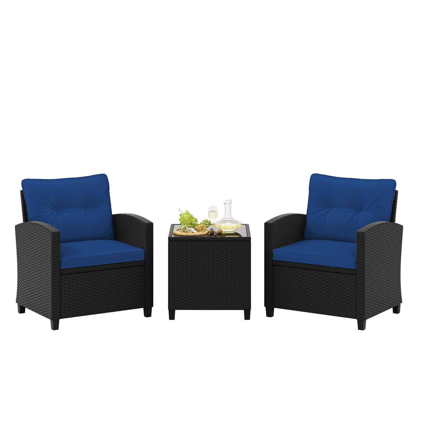 Volenca 3-Piece Patio Rattan Furniture Set with 2 Cushioned Chairs and Tempered Glass Table