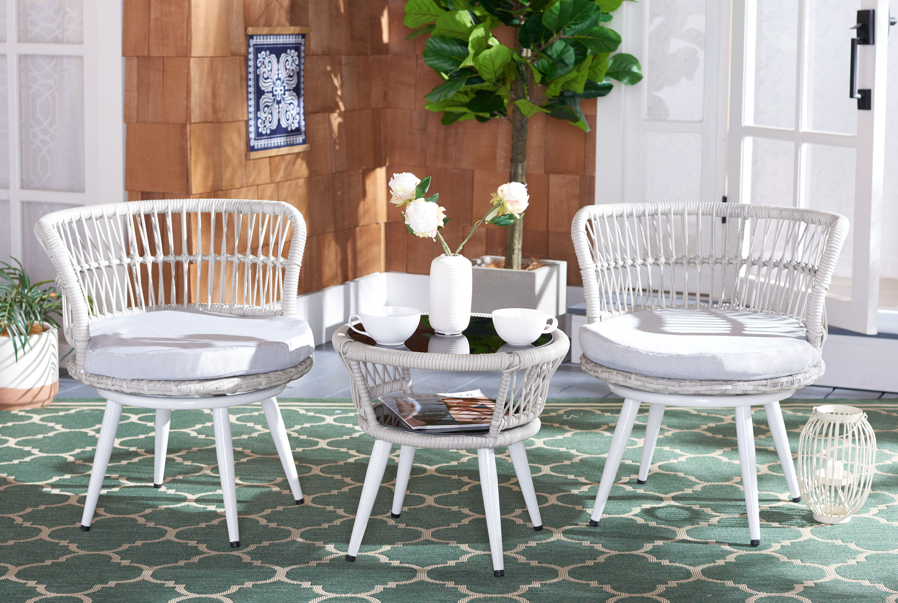 Safavieh PAT9032B Patio 3 -Piece Patio Conversation Set with Gray Cushions