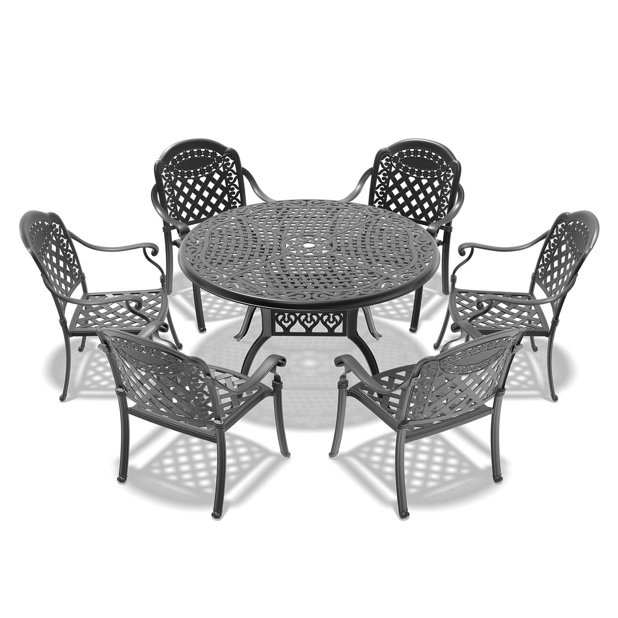 Kahomvis NICE-QP1092-142 7 -Piece Black Patio Dining Set Aluminum Round Table with 6 Multiple colors/finishes Cushions Stationary Chairs