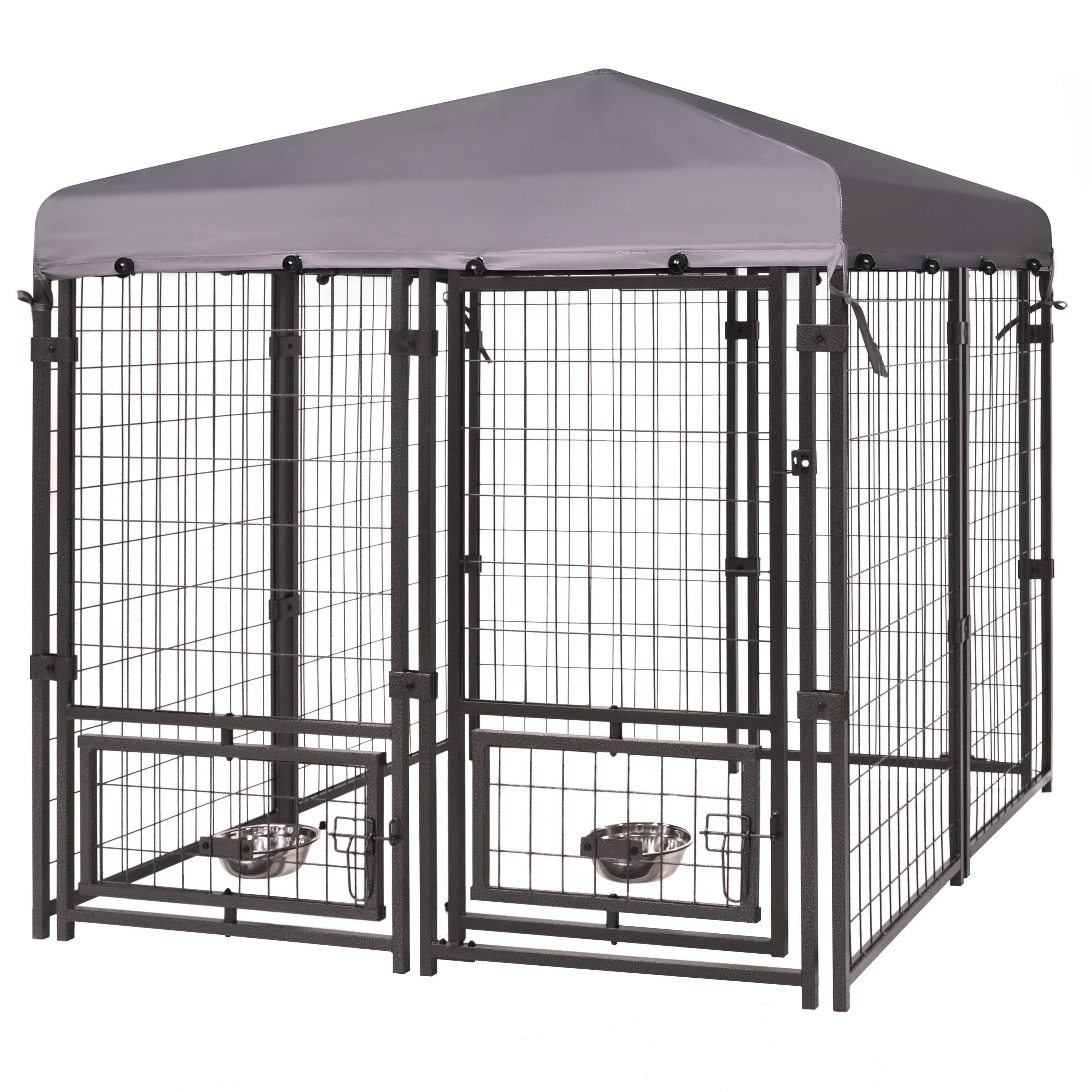 Aleko Dog Crate Furniture with Rotating Dog Bowls for Small/Medium Pet -30 lbs. Weathered Gray Free Rope Toy and Cushion