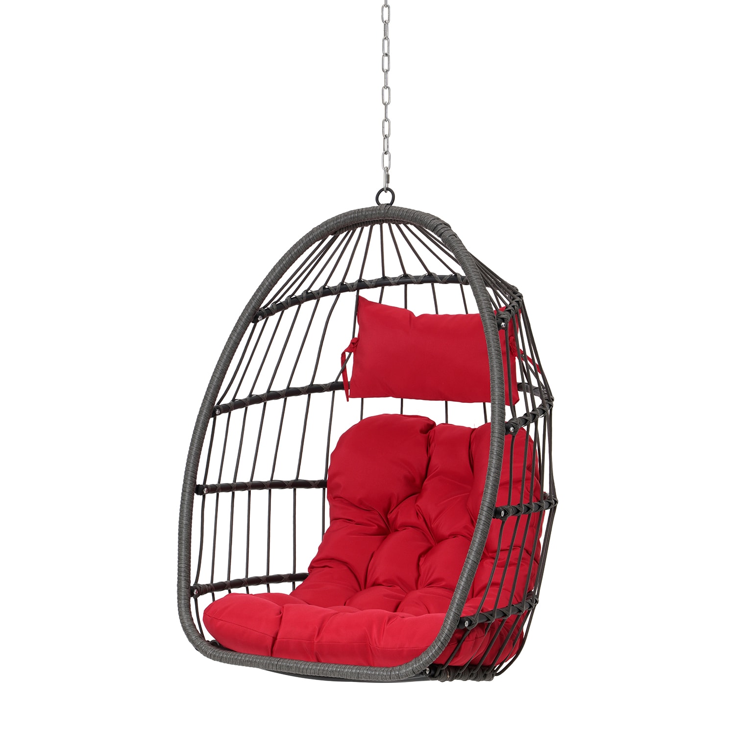 SINOFURN Wicker Brown Rattan Frame Hanging Egg Chair with Red Cushioned ...