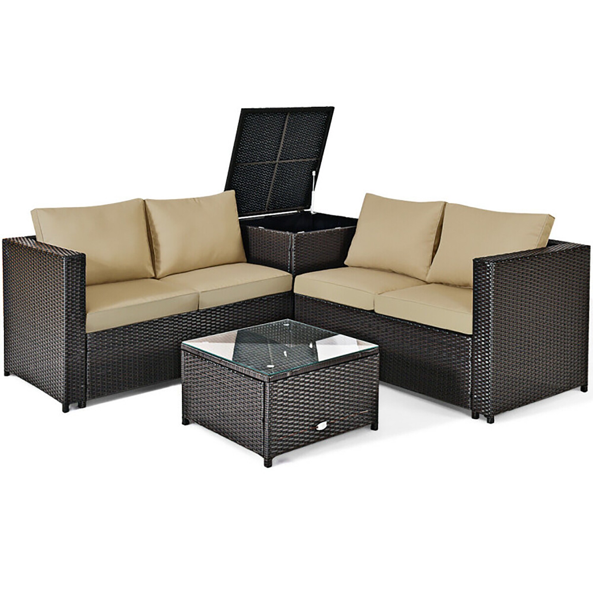Brown 4-Piece Rattan Wicker Outdoor Patio Set with Cushions