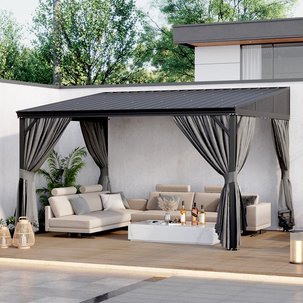 Homsee C-KF510012-01-ABC 10x12FT Black Aluminum Steel Lean To Gazebo with Netting Curtains Wall Attached Pergola Canopy for Patio Garden Deck