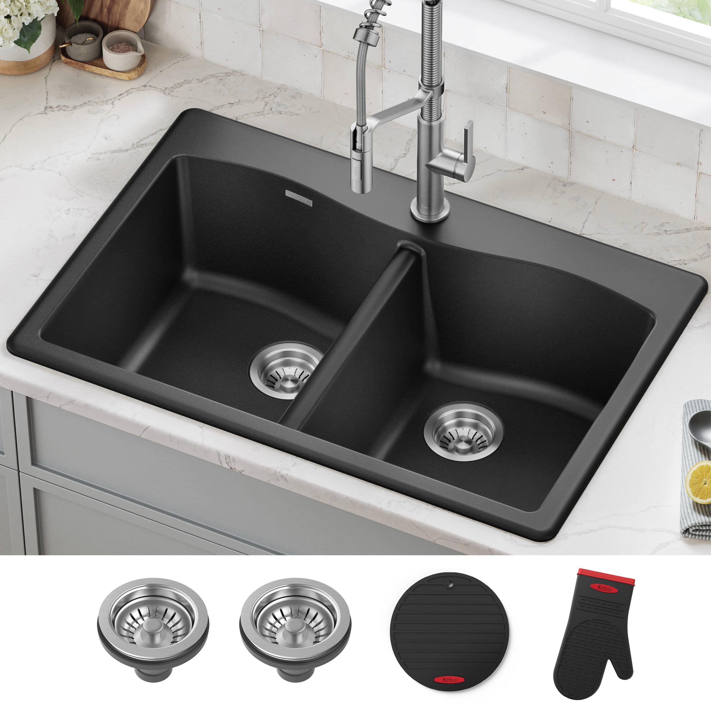 Kraus KGD-52BLACK Forteza Drop-in or undermount 33-in x 22.0-in Granite Double equal bowl 16 -Gauge Kitchen Sink