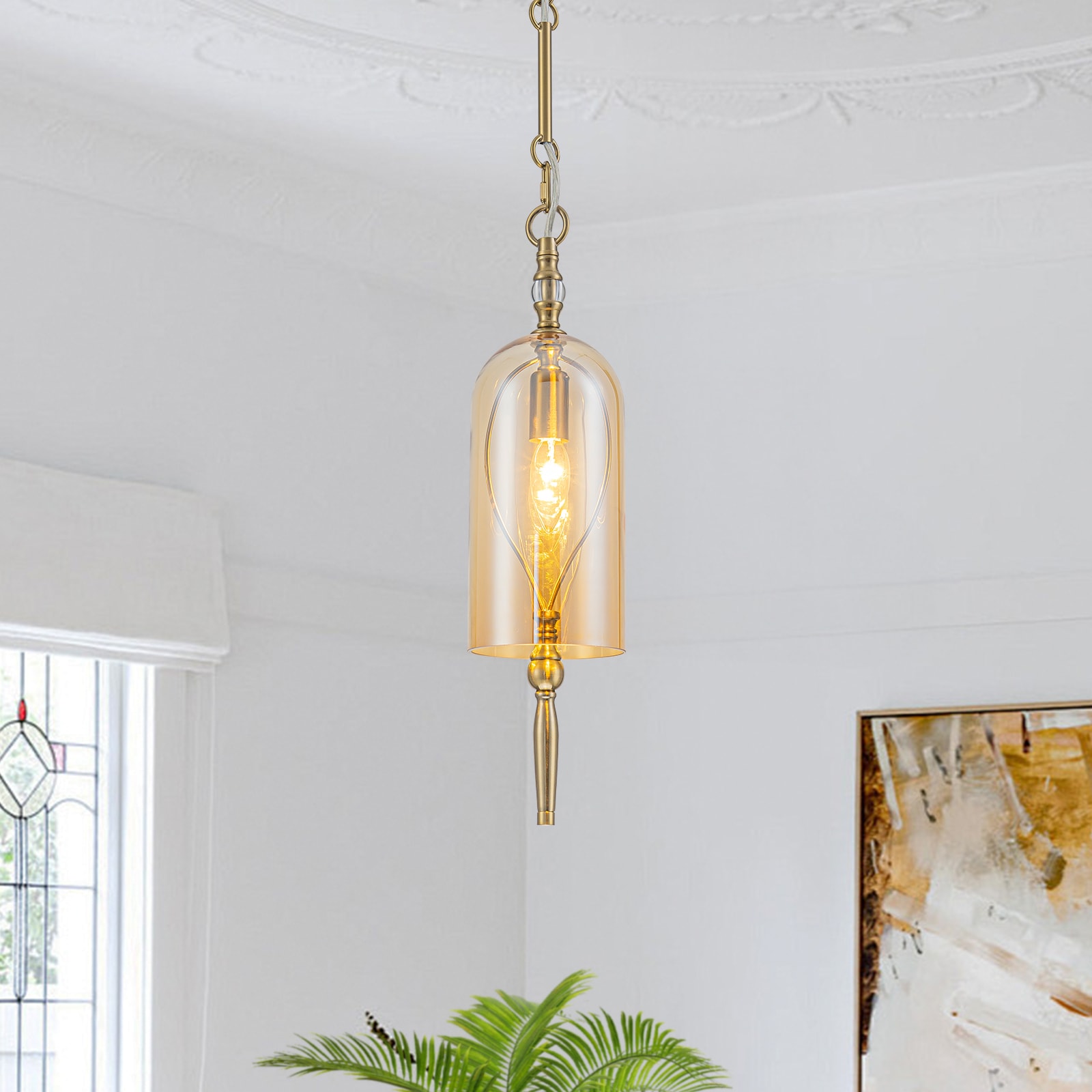 MENCOLULU Amber Glass Shade with Decorative Metal Accents 1 -Light Gold Mid-century Stained glass Geometric Mini Hanging Convertible pendant/Semi-flush Light