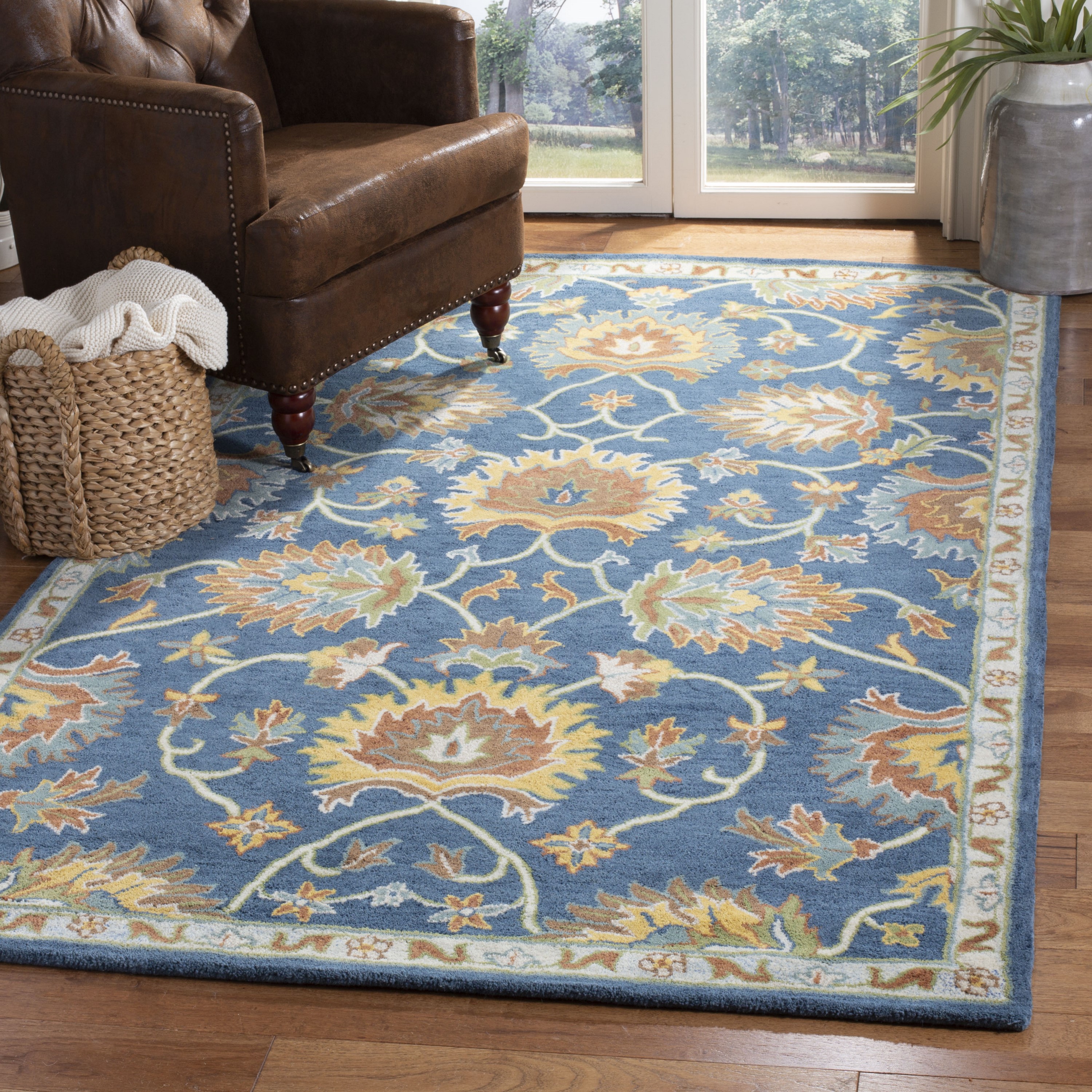 Navy Blue Hand-Tufted Wool Rectangular Floral Area Rug 3' x 5'