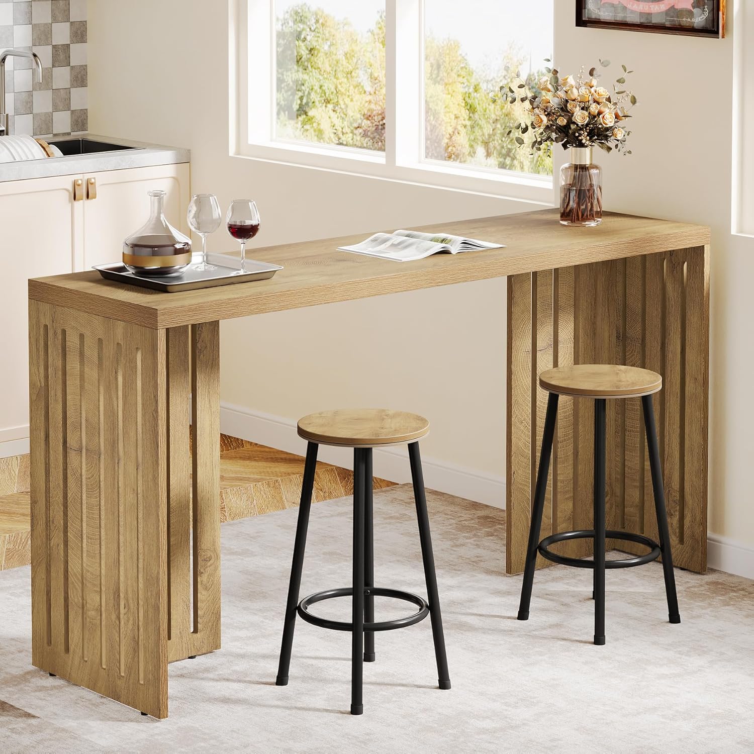 Tribesigns  Bar Table 63 inches Counter Height Pub Table Industrial Bar Height Table Rectangular High Top Kitchen and Dining Counter Tables with Louvered Base for Narrow Space Natural