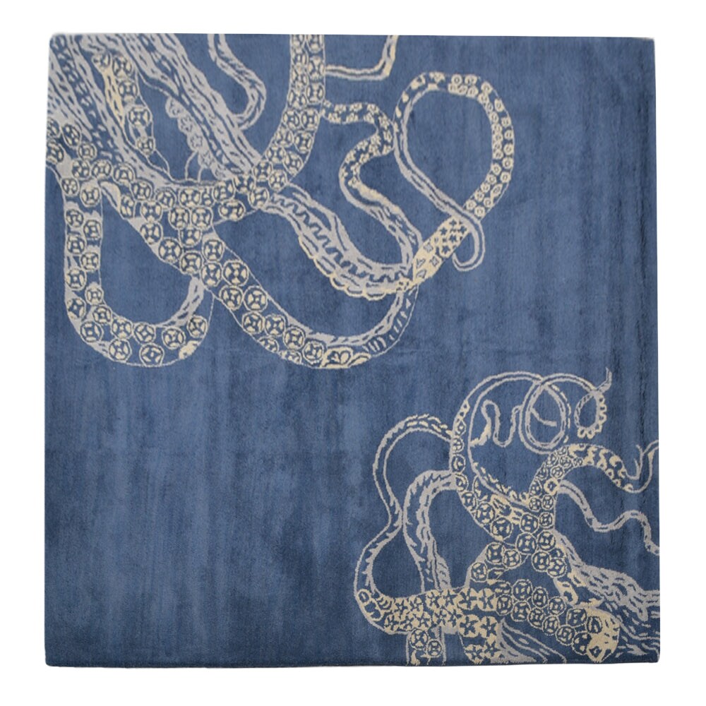 Rugsotic Carpets  HAND TUFTED WOOL ECO-FRIENDLY AREA RUGS  - 10'x10' Square Shape Blue Beige Color Contemporary Modern Design High Pile Thick Handmade Anti Skid Area Rugs for Living Room Bed Room K00512