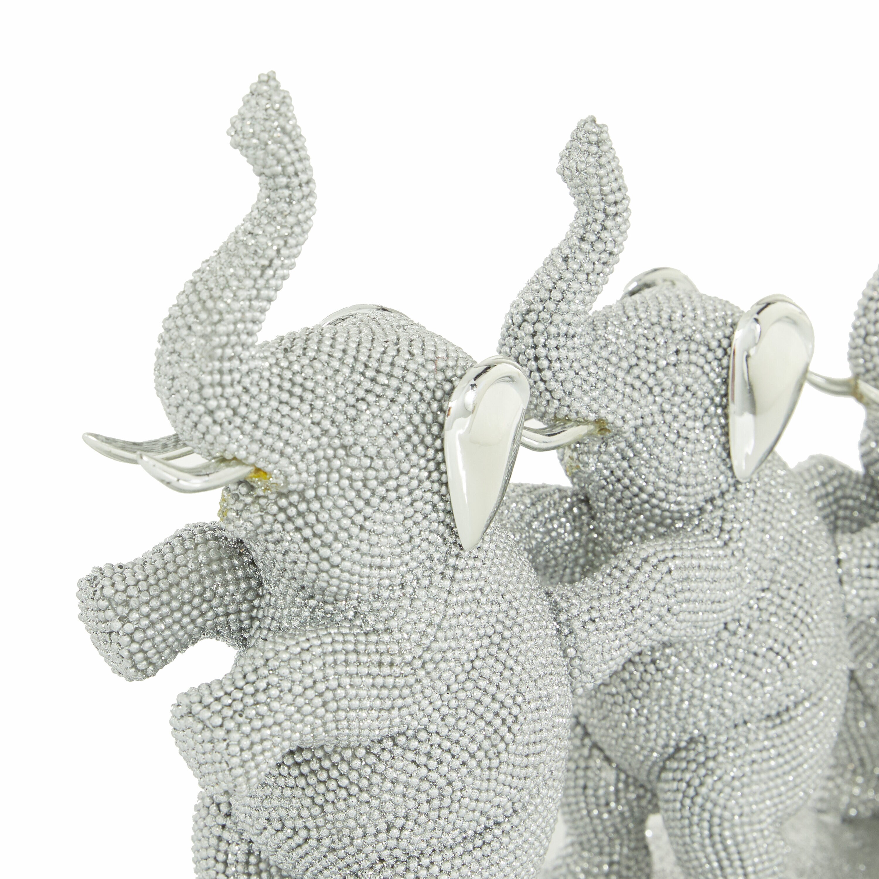 Silver Resin Elephant Trio Sculpture with Shimmering Finish
