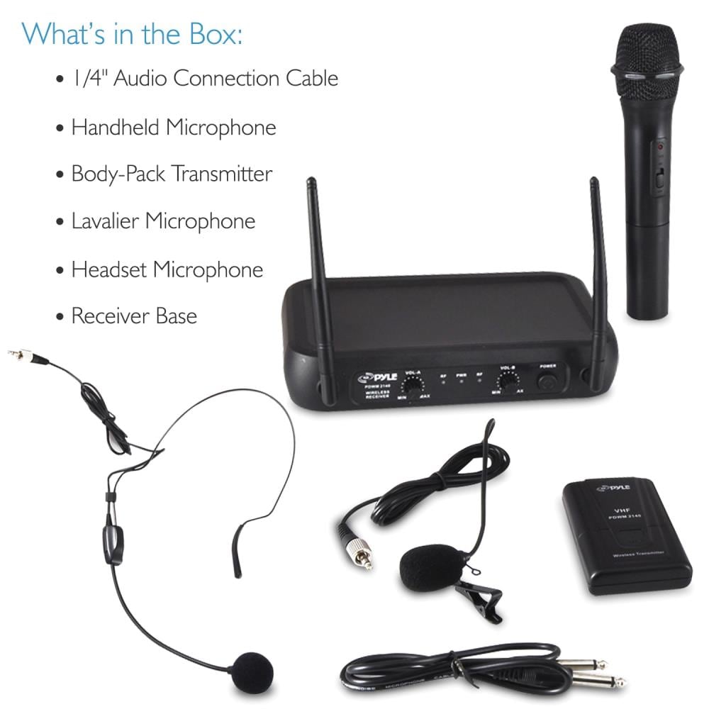 Pyle Dual Channel Wireless Microphone System - Portable VHF Audio Mic Set  with Clip Lavalier lapel, Handheld, Headset, Transmitter, ¼'' cable, power