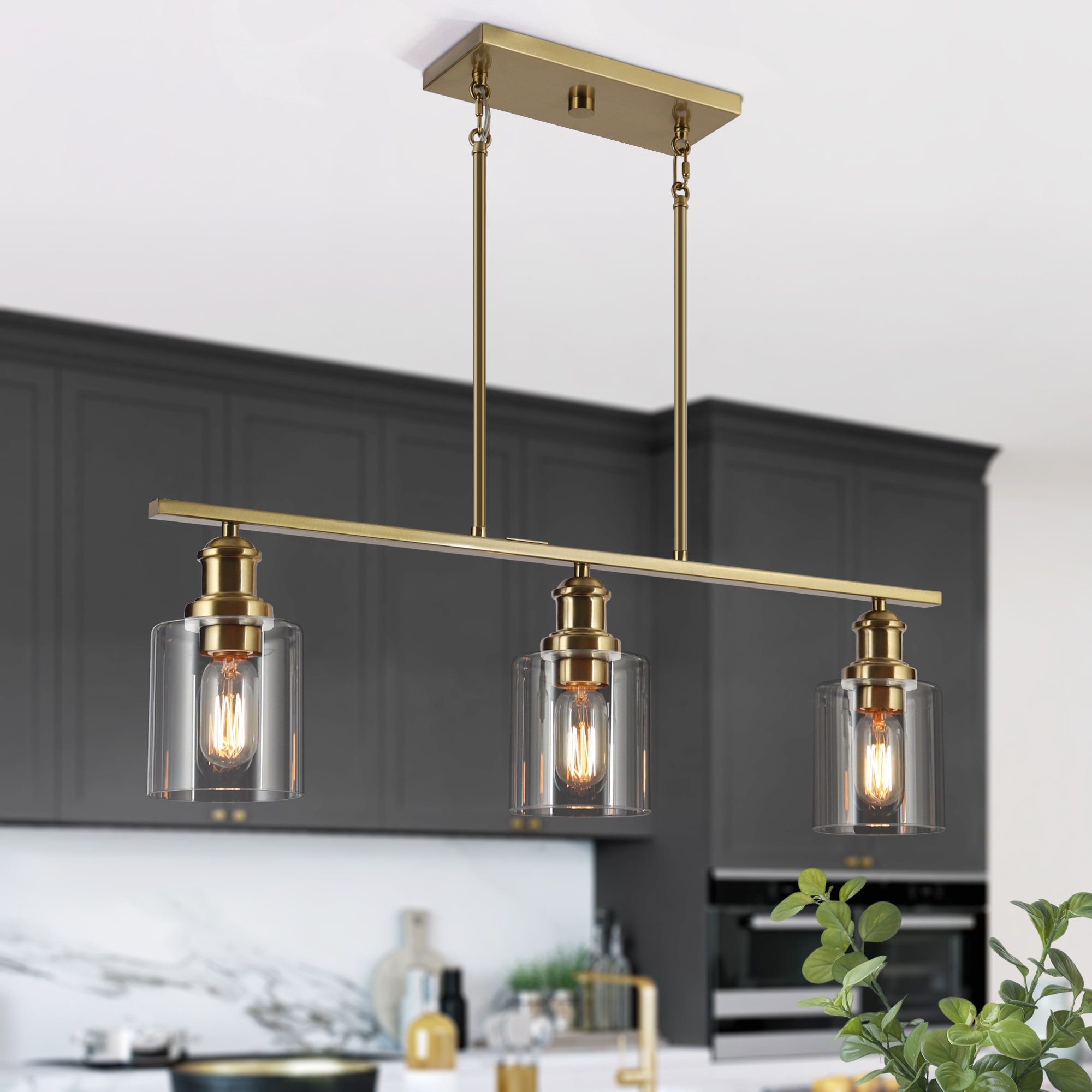ZEVNI L3ZUA3ARW4569S67 Voldika Modern Farmhouse 3 -Light Polished Brass Gold Dining Room Chandelier Modern/contemporary Clear glass Linear Large Hanging Kitchen island light