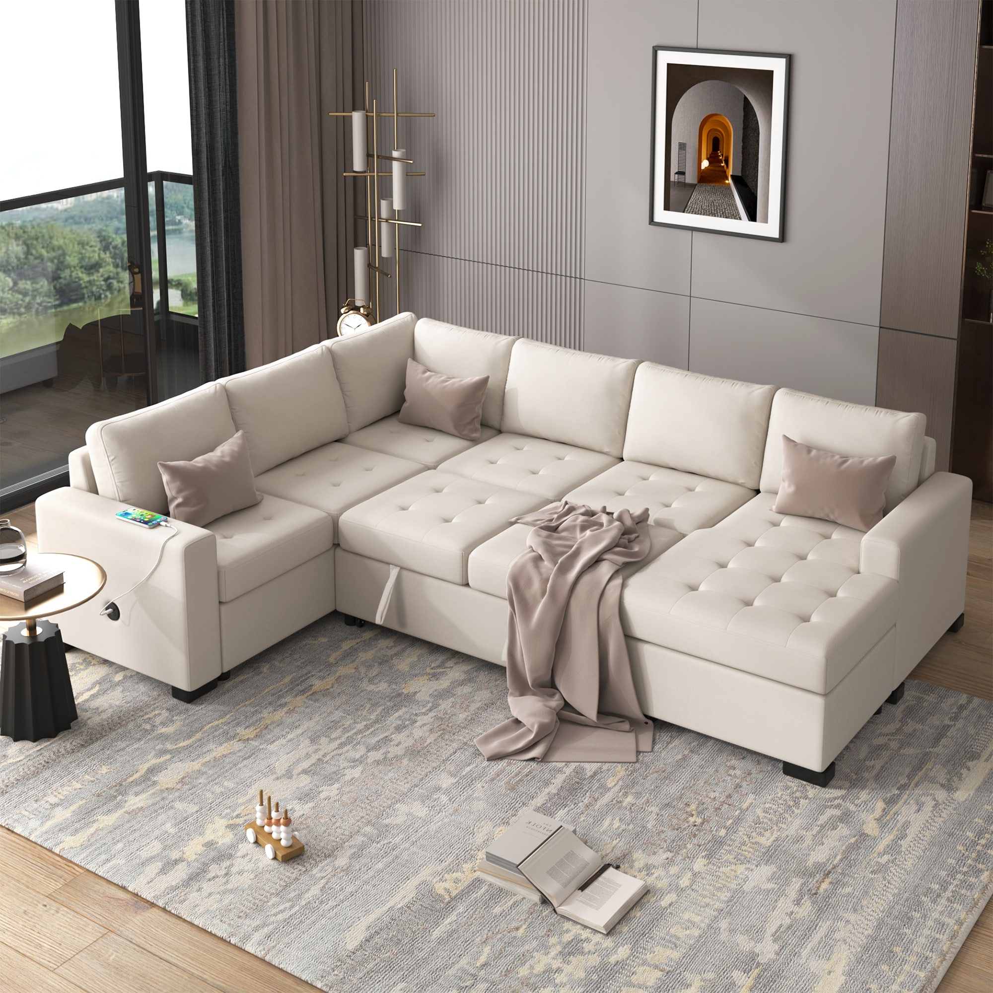 ModernLuxe WY000382AAA Sectional Sleeper Sofa with Pullout Bed and Lounge Chair USB and TypeC Interfaces Suitable for Living Room Office and Spacious Spaces