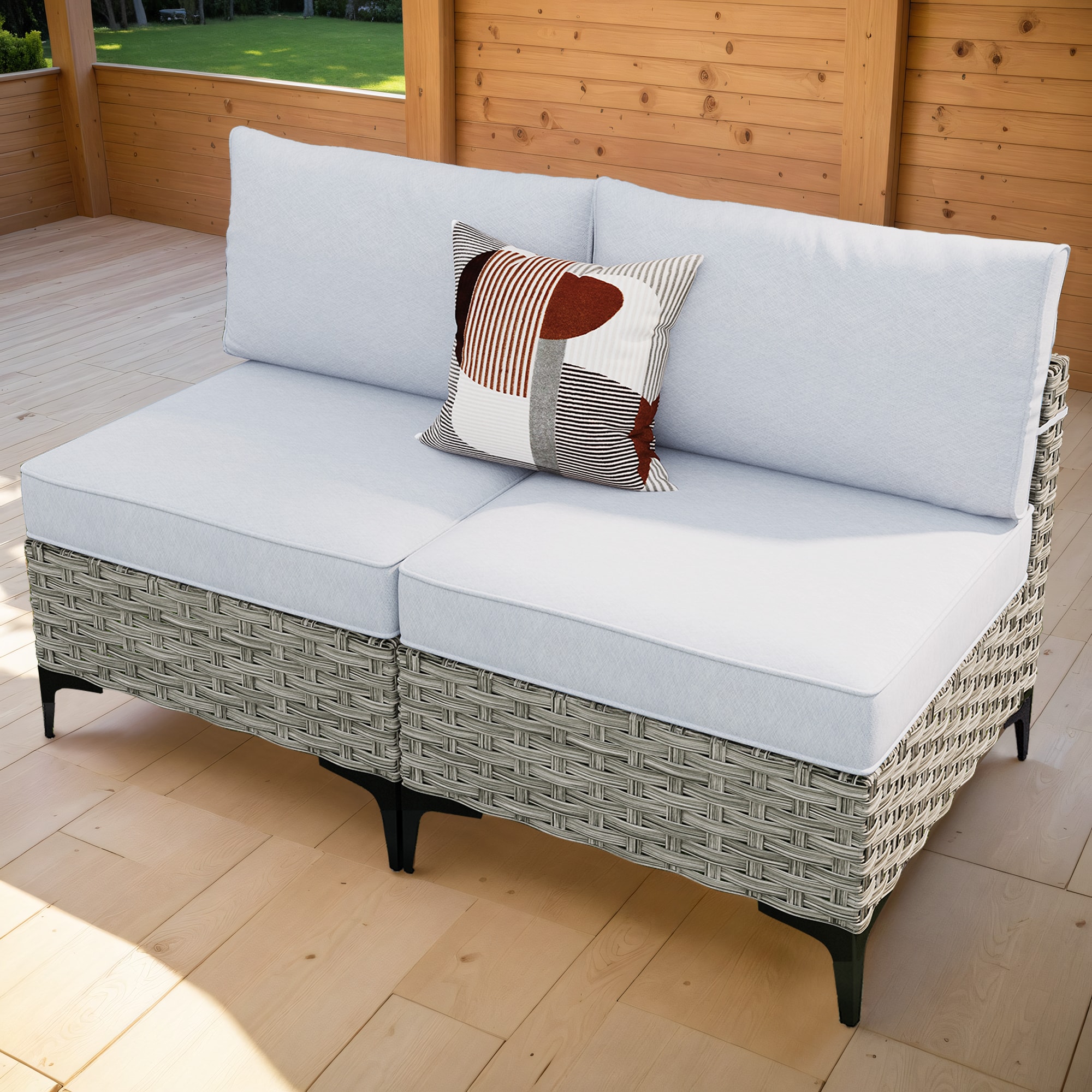 Pouuin SKT402 2-Piece Wicker Patio Conversation Set with Gray Cushions