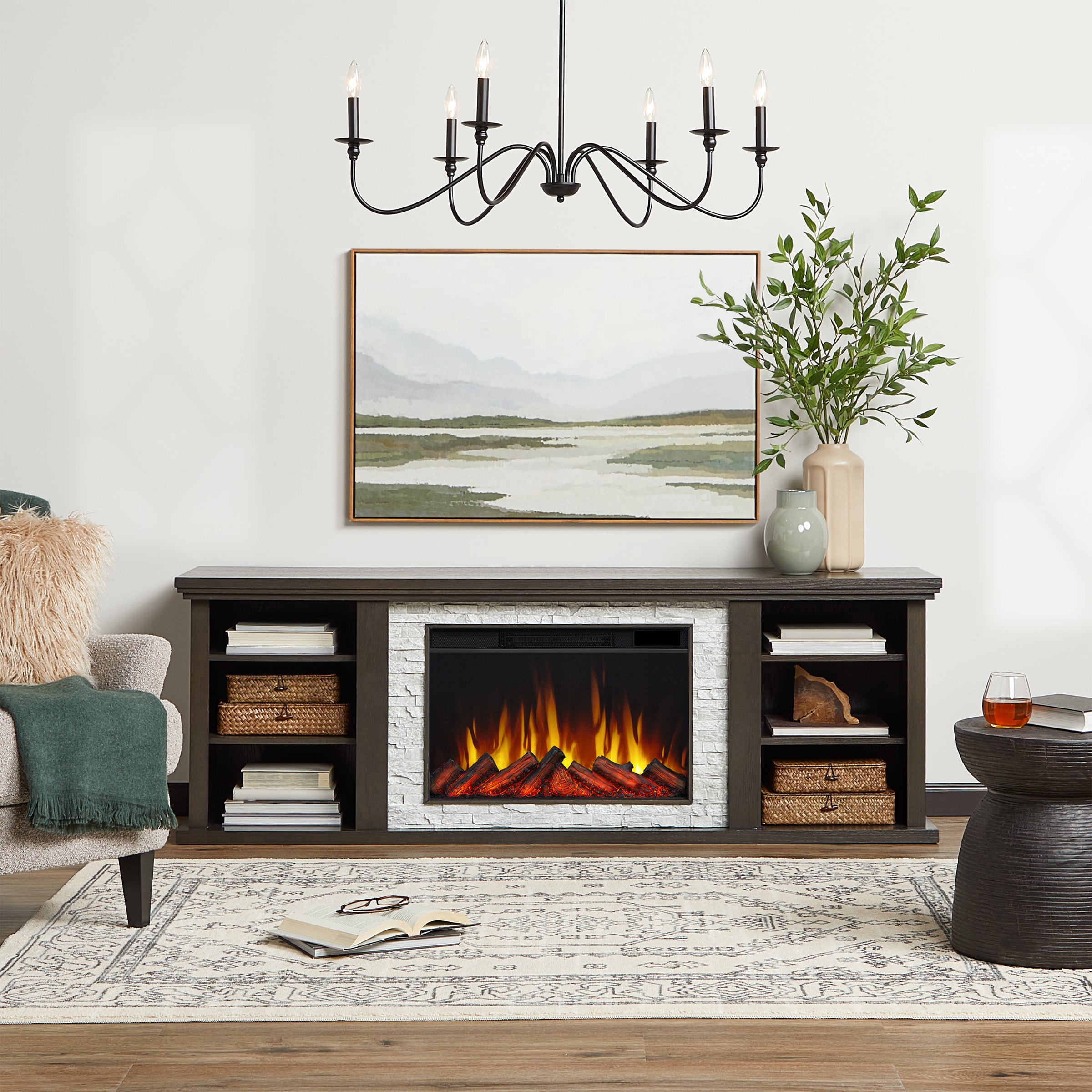 Real Flame 13053E-DO 72-in W Dark Oak TV Stand with Fan-forced Flat wall Electric Fireplace with Remote Control Included