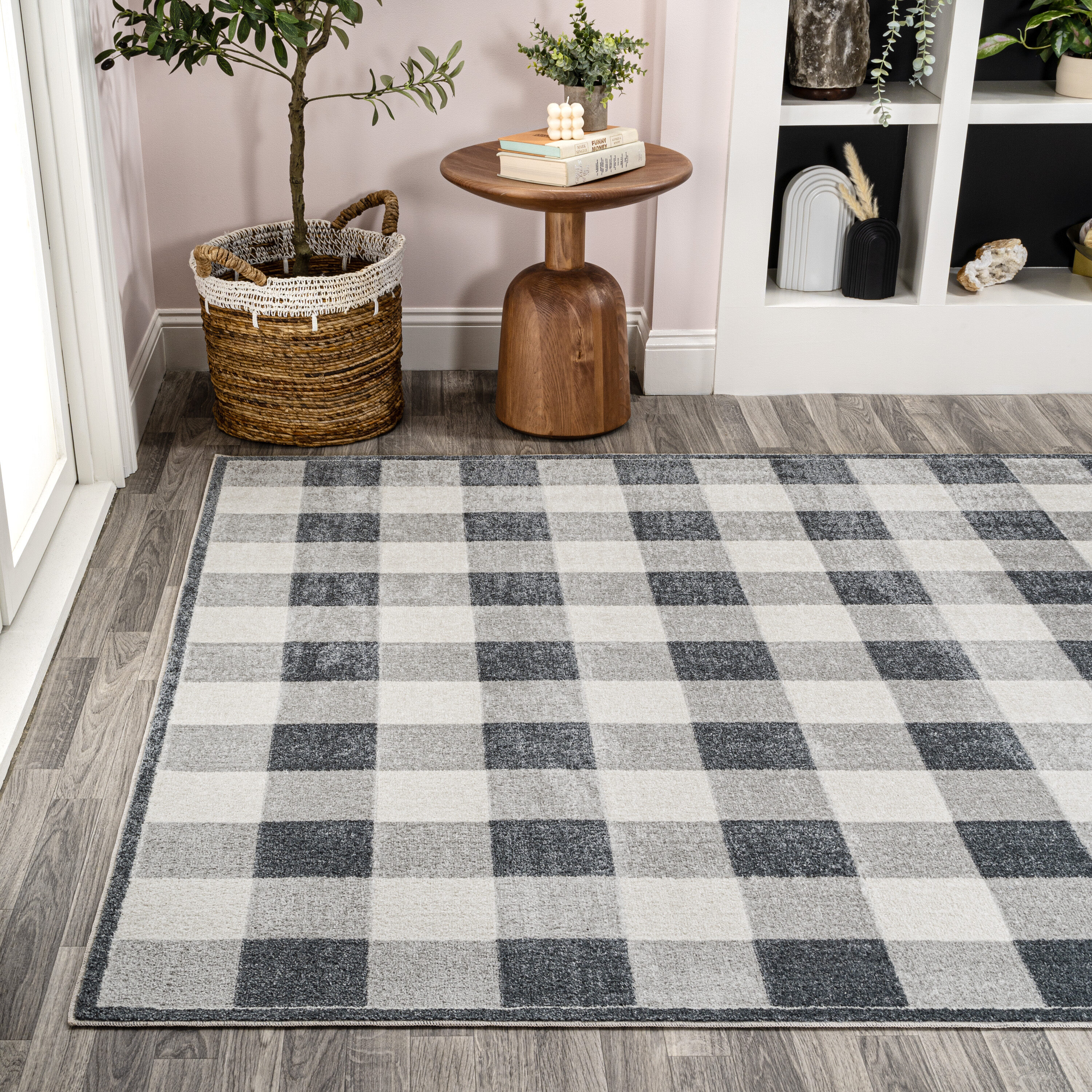 Gray Gradient Plaid Washable Synthetic Area Rug, 3 x 5