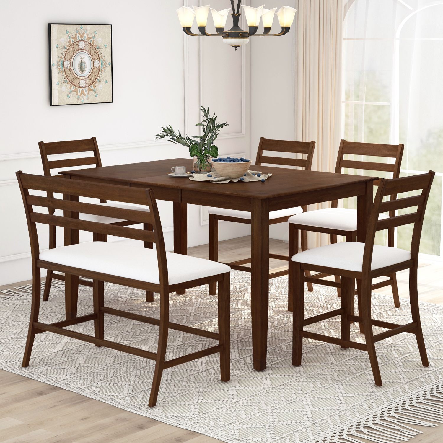 JASMODER SH000254AAD Farmhouse Extendable Counter Height 6-Piece Dining Table Set With Removable Leaf, 4 Dining Chairs And Dining Bench With Back, Brown Walnut+Beige