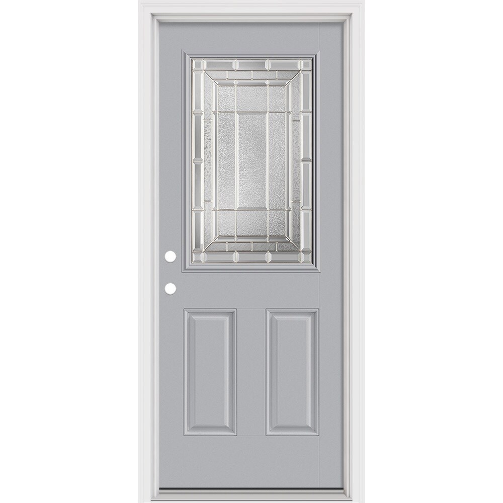Masonite 631601 Sequence 32-in x 80-in x 4-9/16-in Fiberglass Half lite Right-hand inswing Infinity Gray Painted Prehung Front Door with Brickmould Insulating core