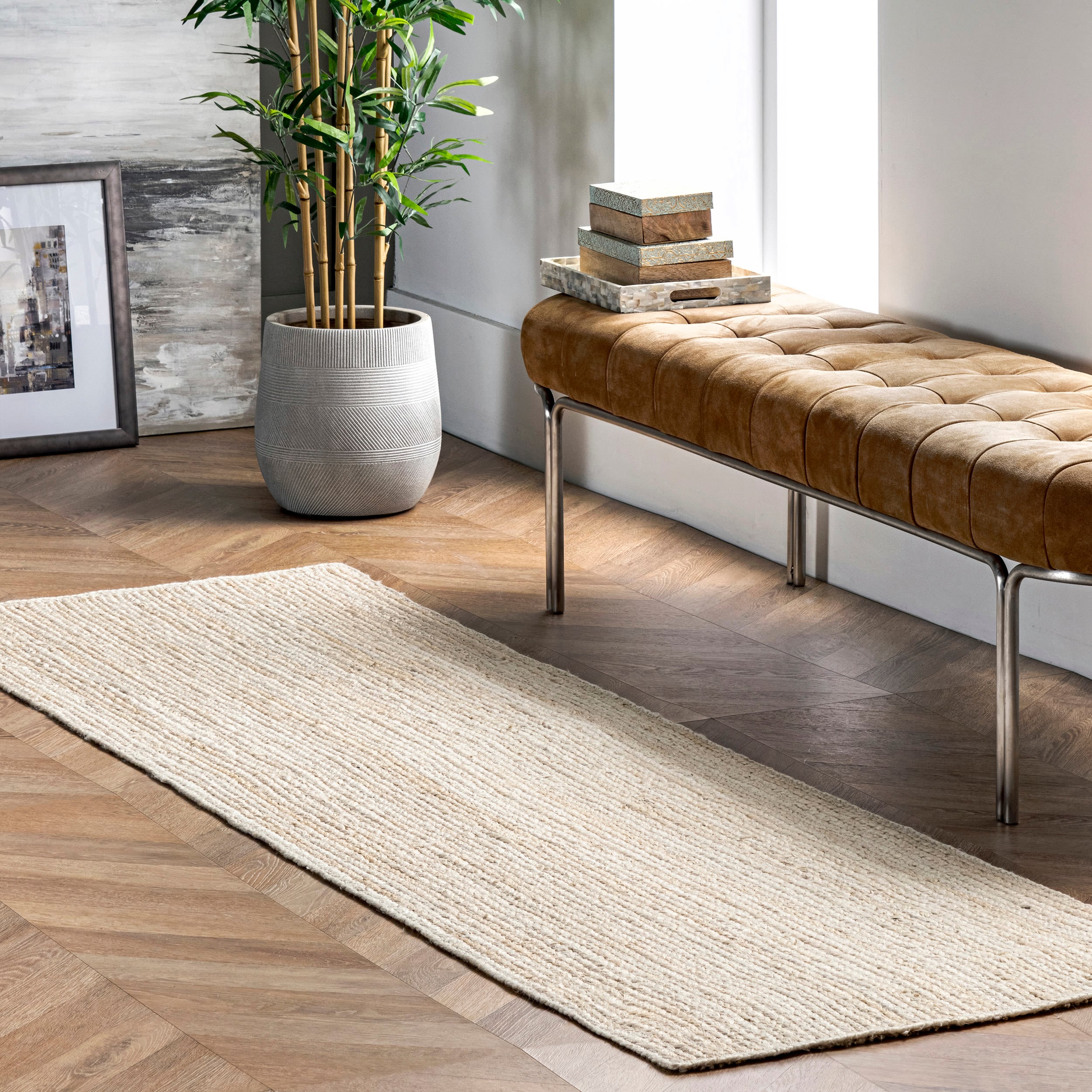nuLOOM TAJT03B-26010 2 x 10 (ft) Jute Off White Rectangular Indoor Solid Runner rug