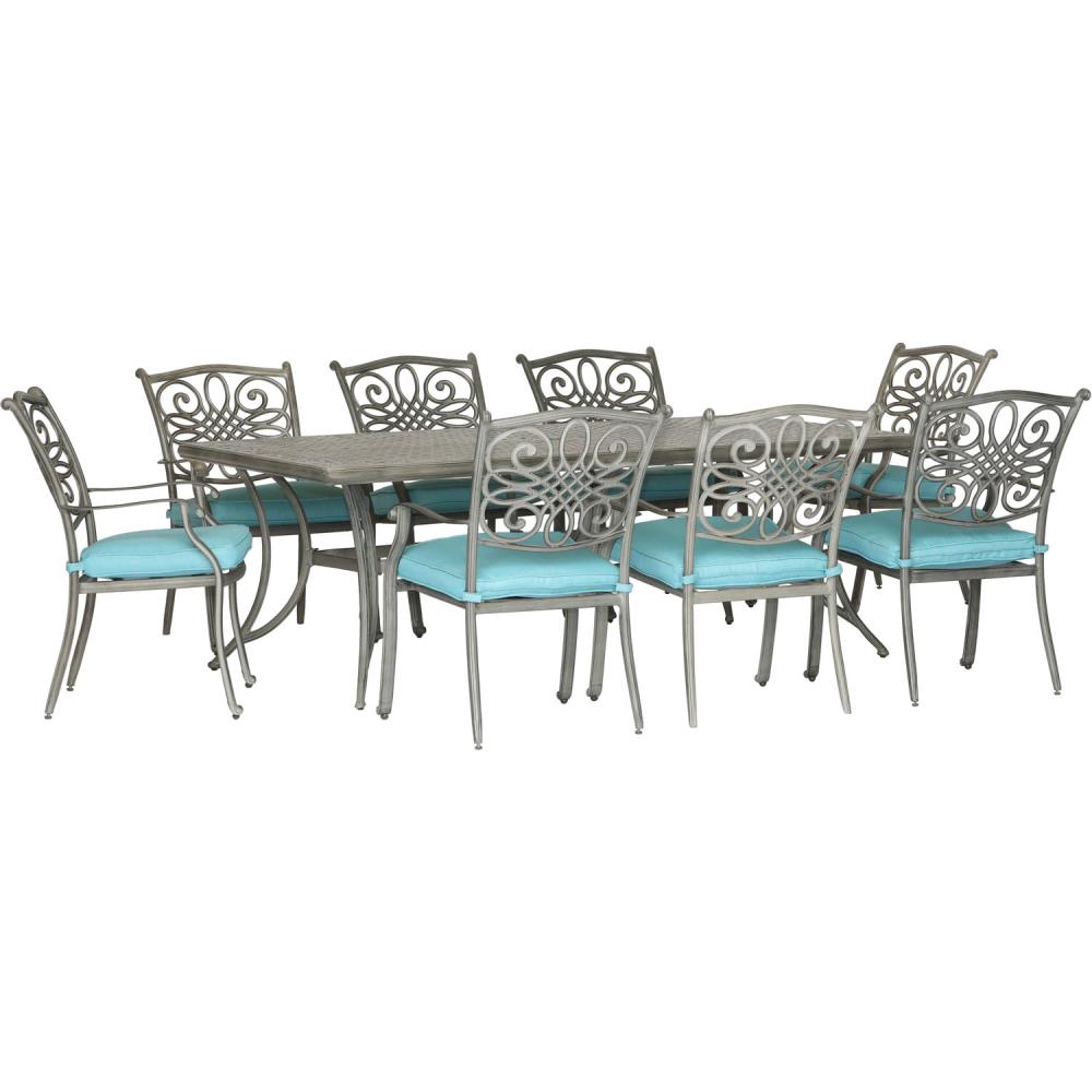Hanover TRADDNG9PC-BLU Traditions 9-Piece Bronze Patio Dining Set with Blue Cushions