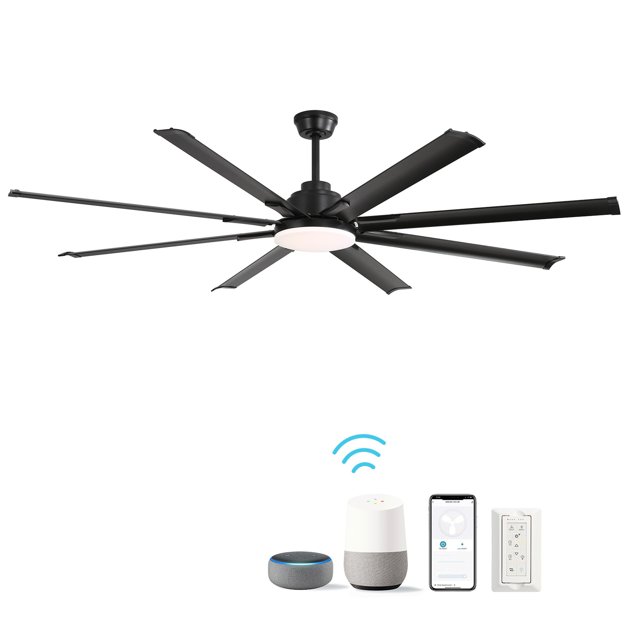 BABOOM BOM-1-BKORKBS Smart Remote Control Ceiling Fan 84-Inches Black with Aluminum Blades Color-Changing Integrated LED Fixture Indoor Downrod mount Smart Compatible Standard Ceiling Fan With Light and Remote ( 8 -Blade)