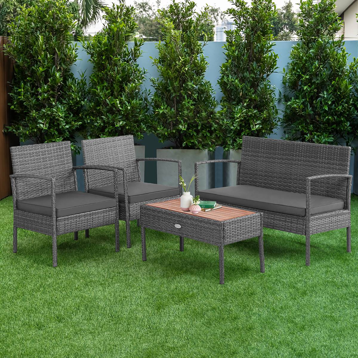 Costway HW68940 4PCS Patio Rattan Furniture Set Cushioned Chair Wooden Tabletop Gray