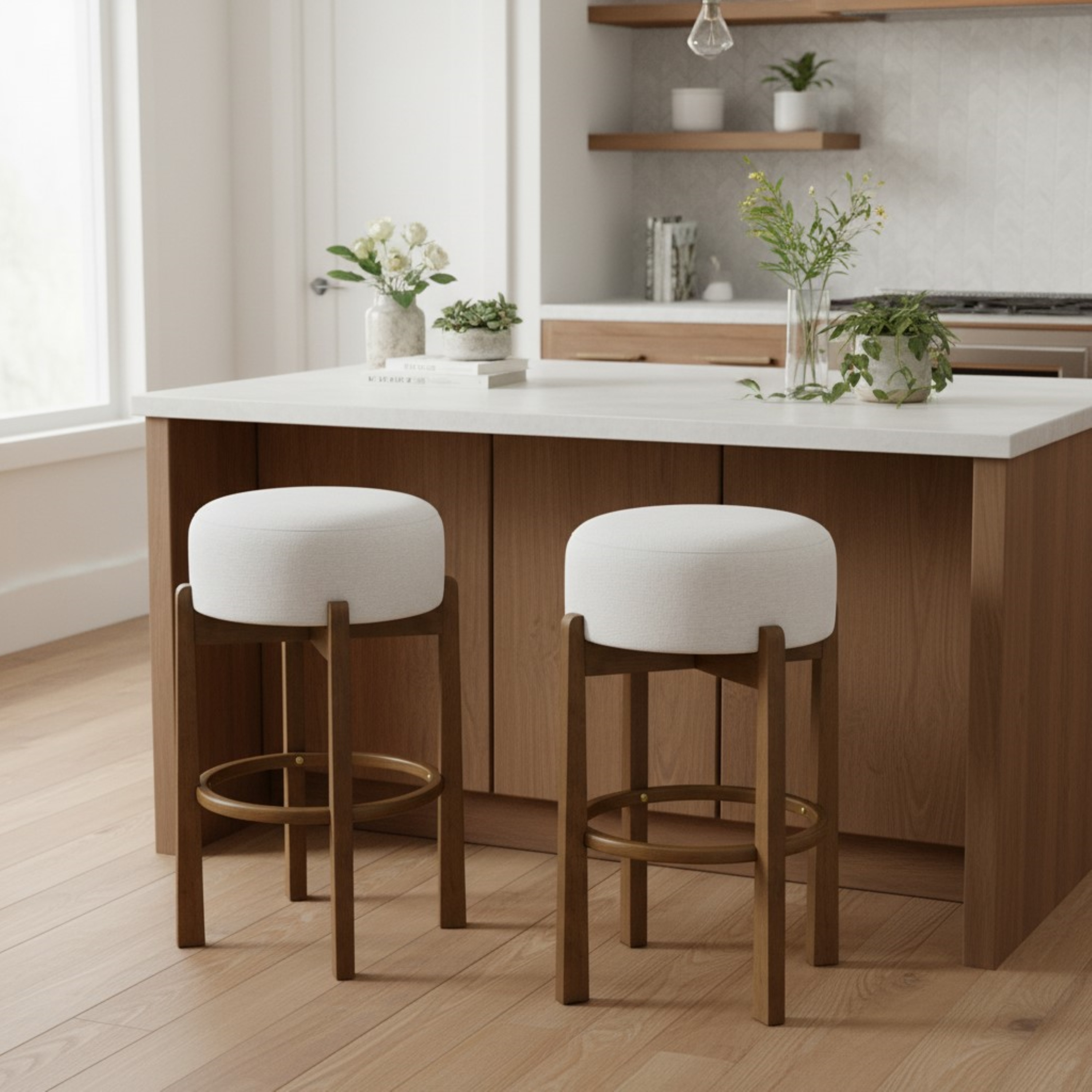 ModernLuxe Assembly Required Vera Indoor Wooden Upholstered Barstool Dark Walnut Finish and Ivory Upholstery Set of 2