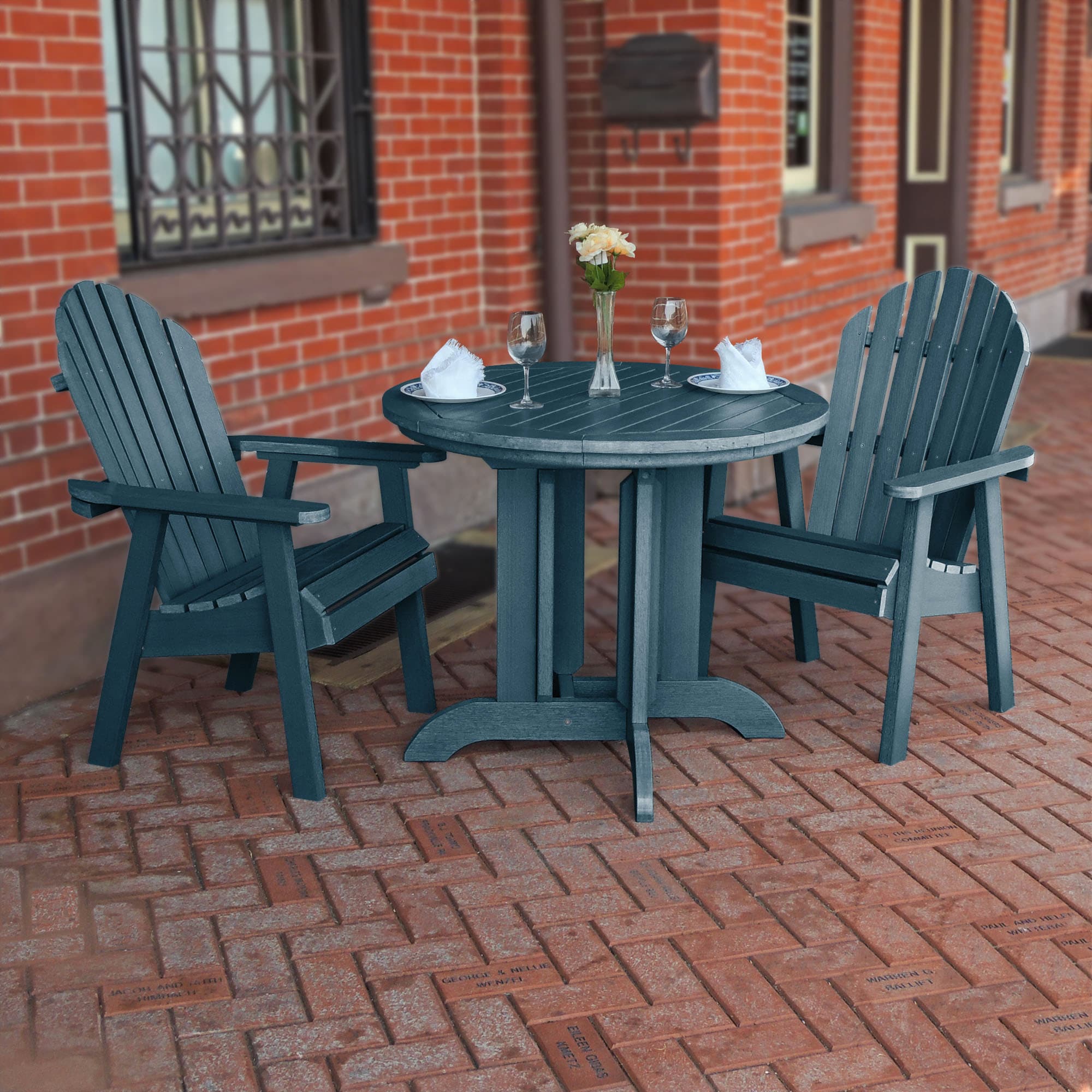 highwood CM-ST3SQD1-NBE Sequoia Professional 3 -Piece Nantucket Blue Patio Dining Set Plastic Round Table with 2 Stationary Chairs