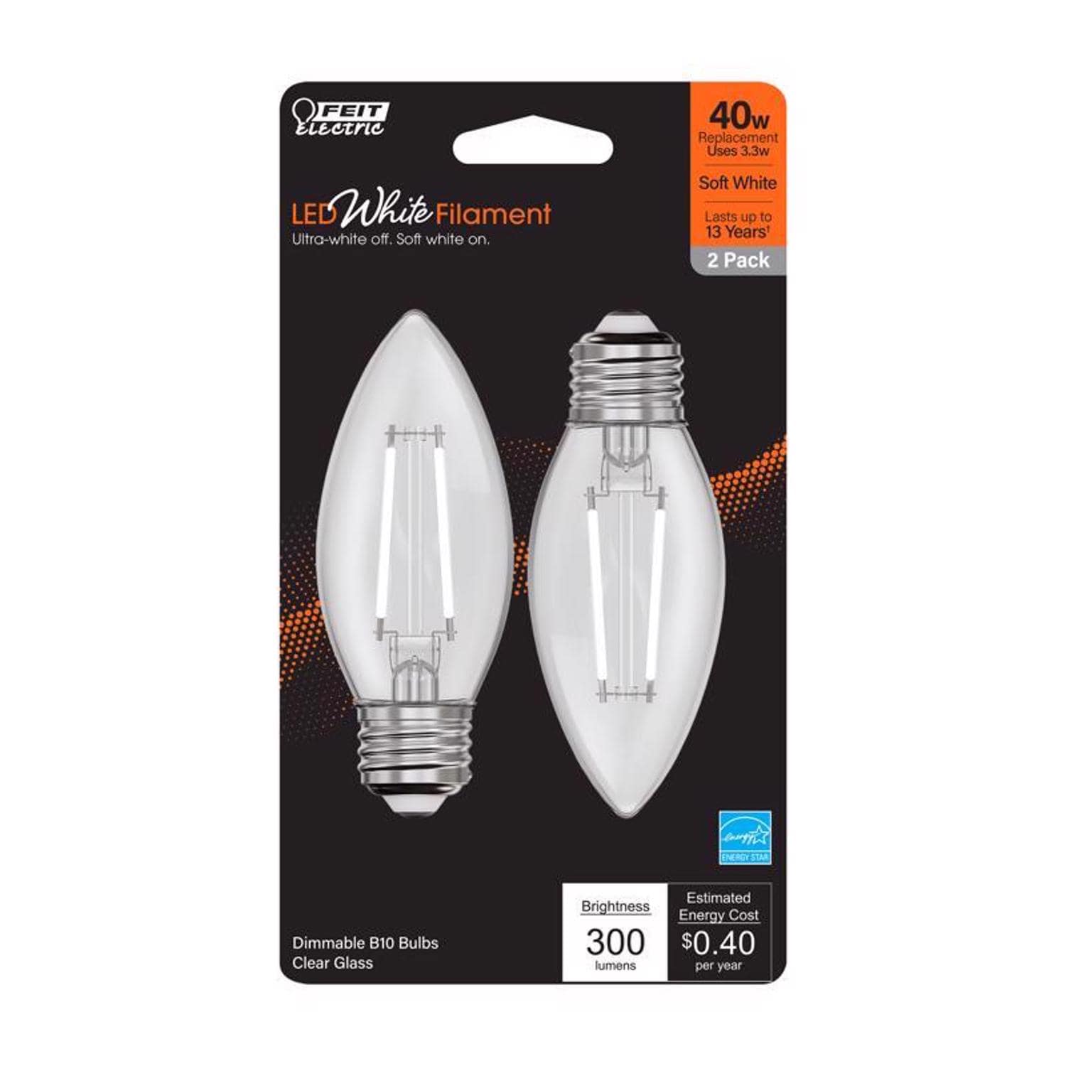 Feit Electric EJD3014000 White B10 E26 Medium Filament LED Bulb Soft White 40 Watt Equivalence 2 pk