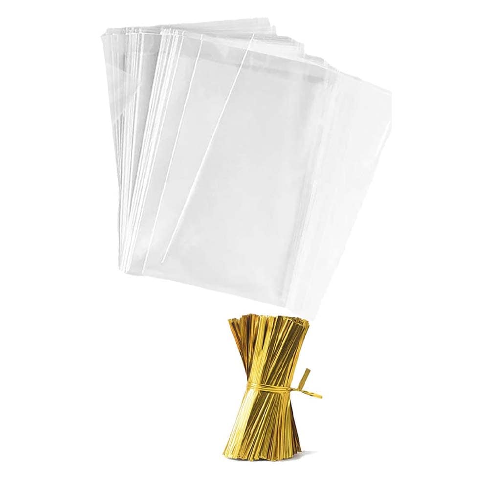 Etokfoks  clear cellophane treat bags 7 9 x 11 inch 2 mil food grade OPP candy and gift sleeves with 4 inch gold twist ties 100 pack