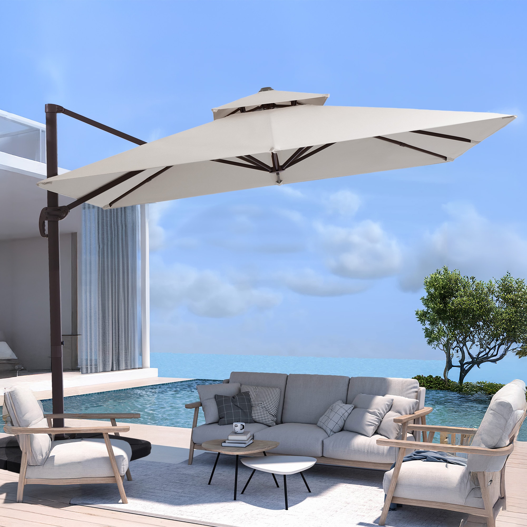 JEAREY JE-LKZLM-10X10FT-MB 10-ft Aluminum White Crank Cantilever Patio Umbrella with Base