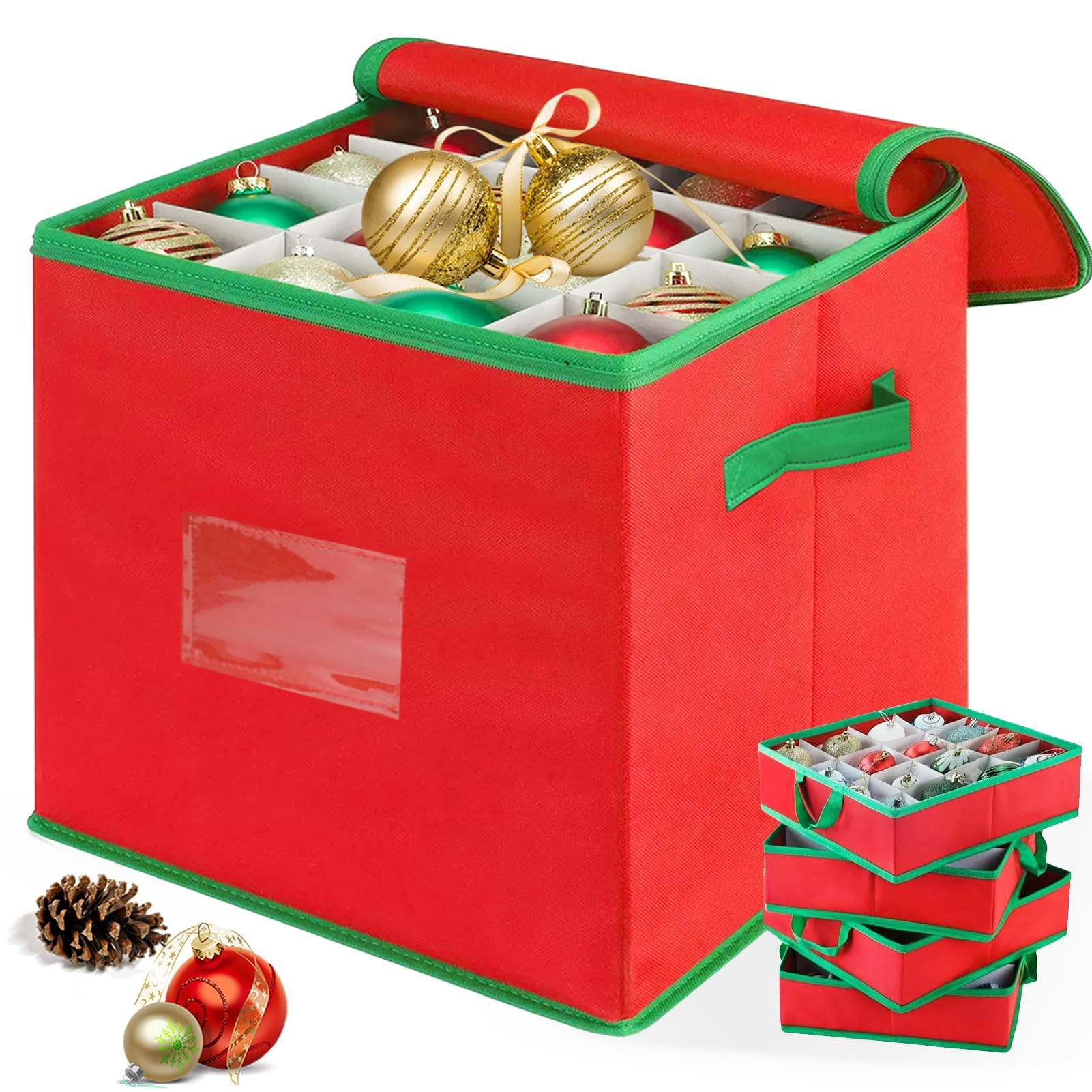 Afoxsos Christmas Ornament Storage Box Case with Lid Holds Up to 64 Ornaments 4 Removable Trays Red Oxford 13 x 13 x 13.39 Inch