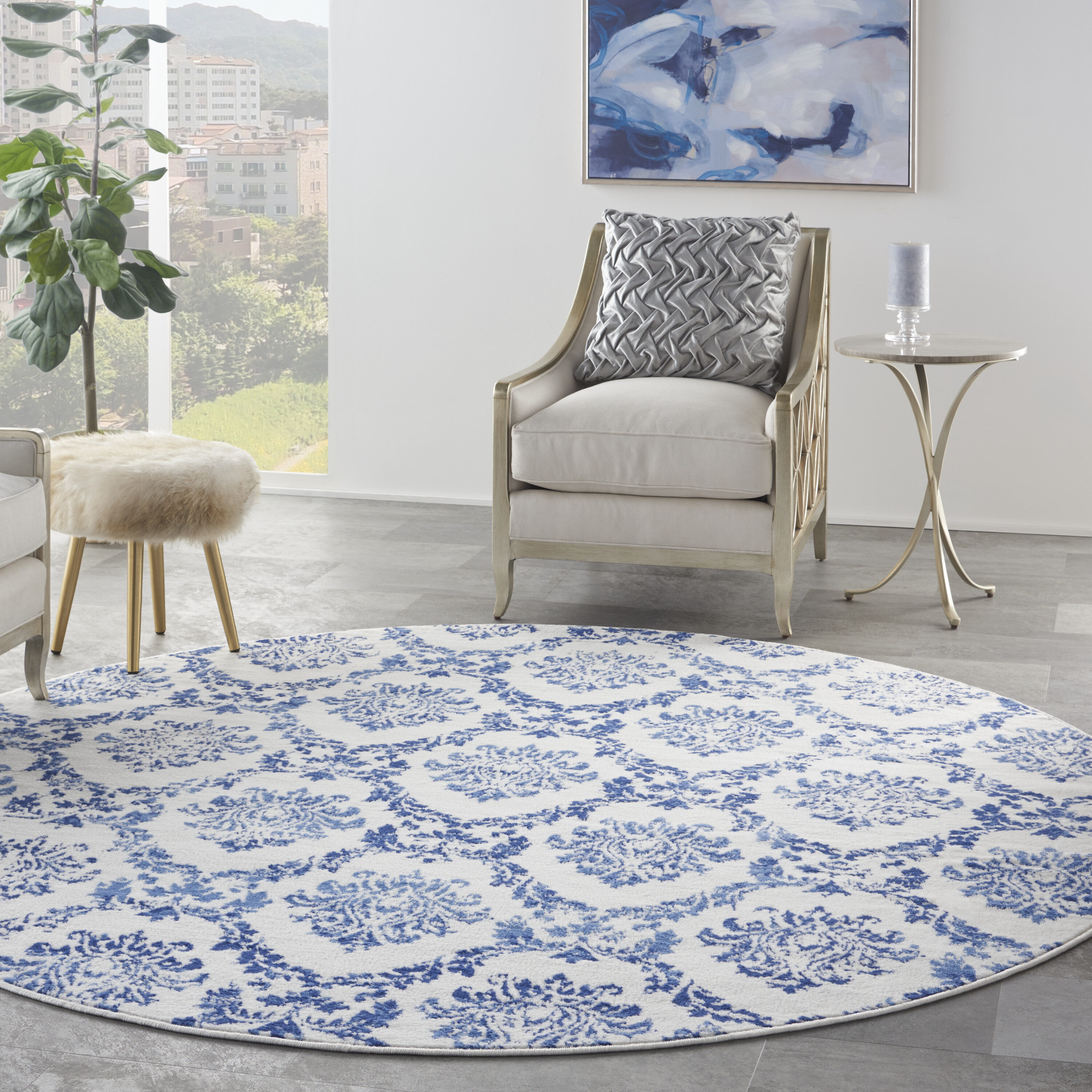 Nourison 99446830661 Whimsicle 8 x 8 (ft) Loomed Polypropylene Ivory Navy Round Indoor Damask Area rug