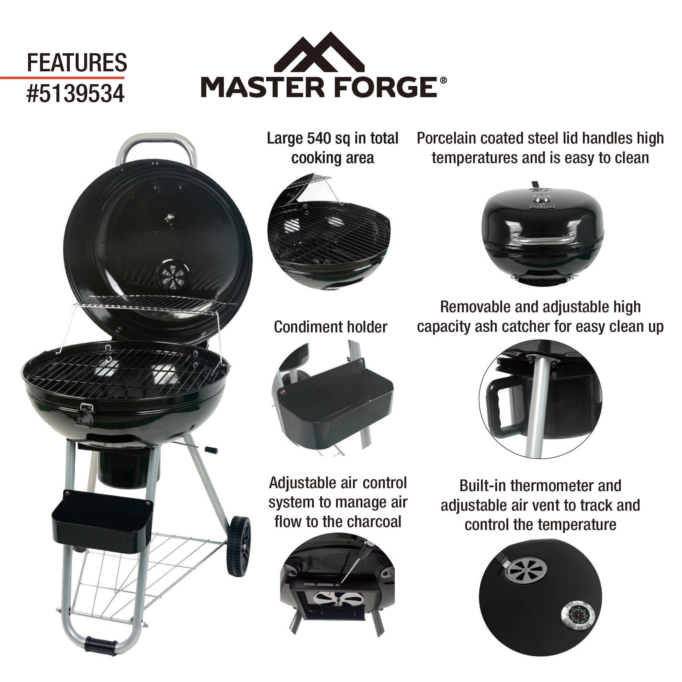 Master Forge 22.17 in W Black Porcelain Coated Kettle Charcoal Grill in the Charcoal Grills department at Lowes