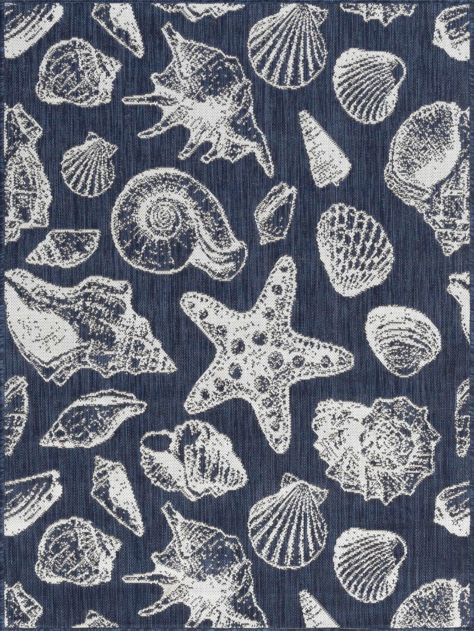 Navy and White Coastal Cotton Synthetic 4' x 6' Area Rug