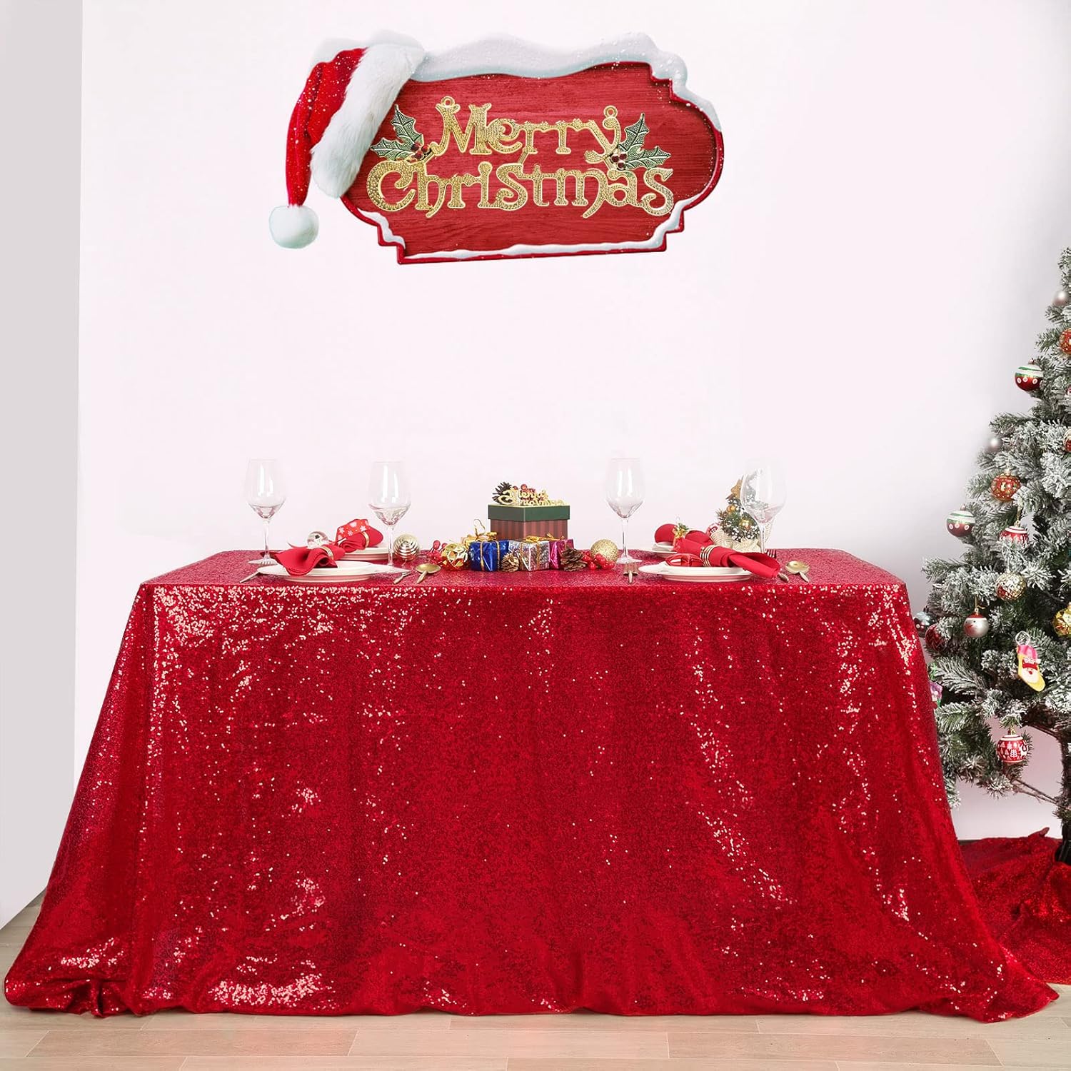 B-Cool B0775N6DMP Sequin Fabric Tablecloth 50x50inch Red Sequin Table Cloth Square Dinner Party Wedding Tables