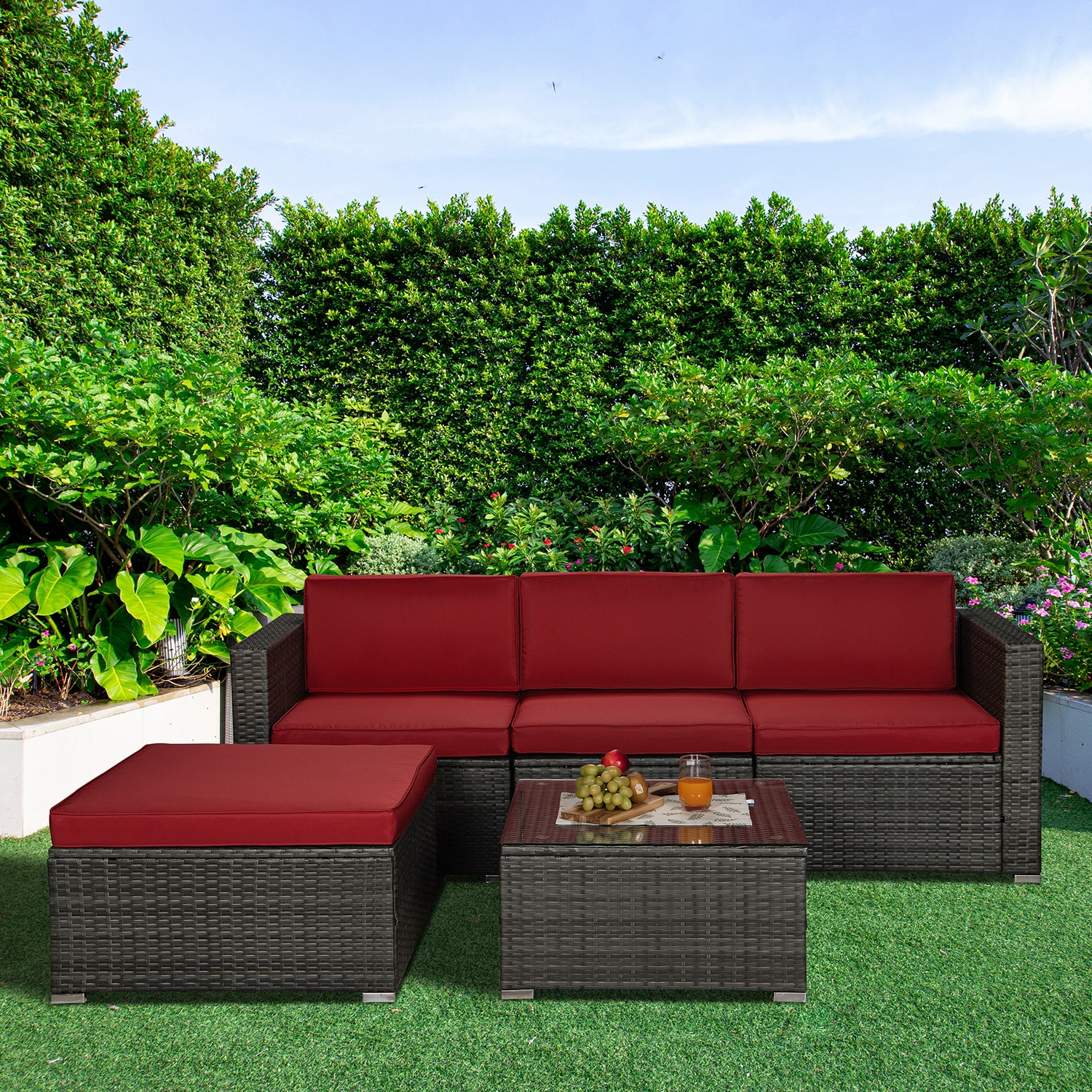 SINOFURN Rattan Outdoor Sectional with Red Cushion(S) and Rattan Frame ...