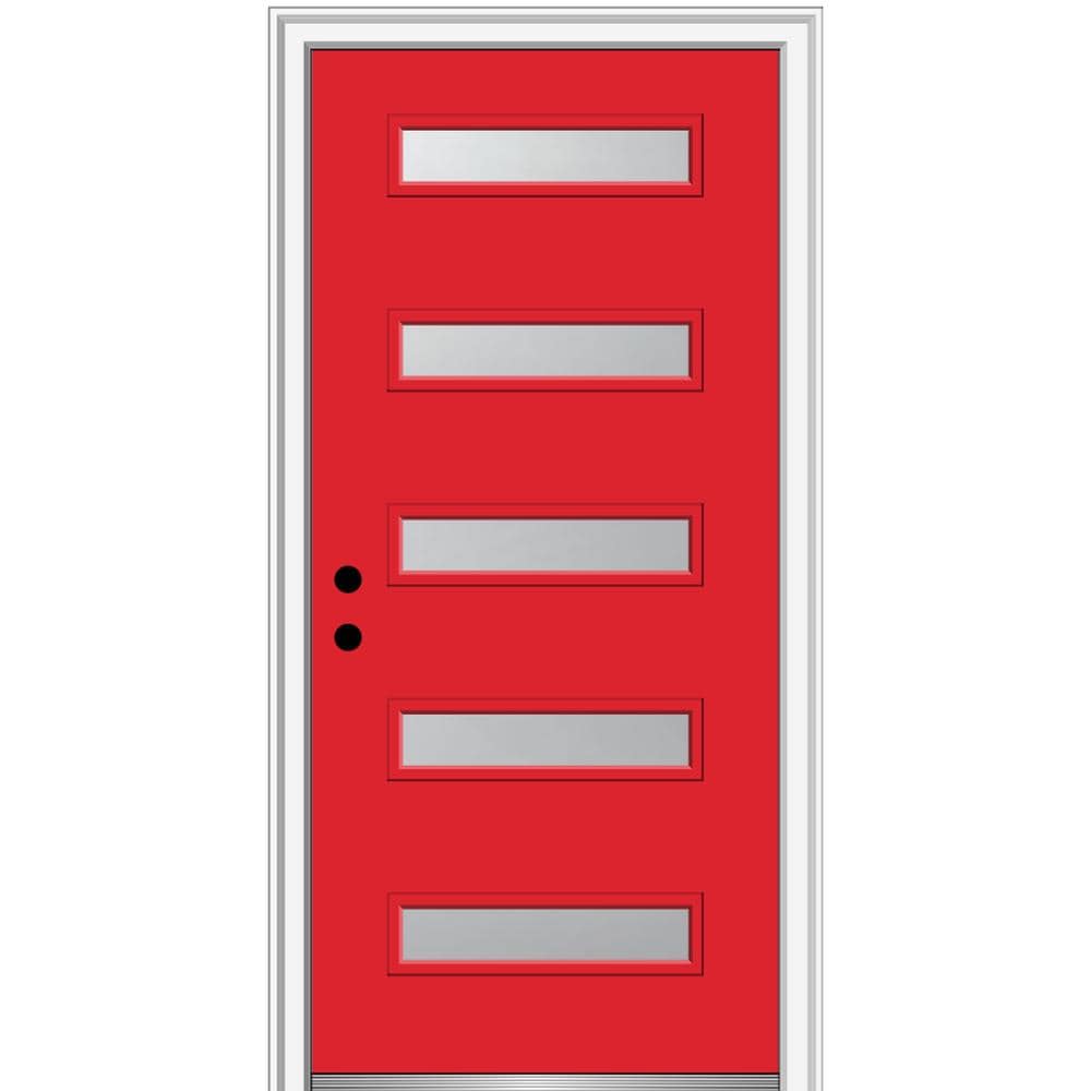 MMI DOOR ZZ347781R Spotlights 32-in x 80-in x 4-9/16-in Fiberglass Pulse lite Right-hand inswing Red Saffron Painted Prehung Front Door with Brickmould Insulating core