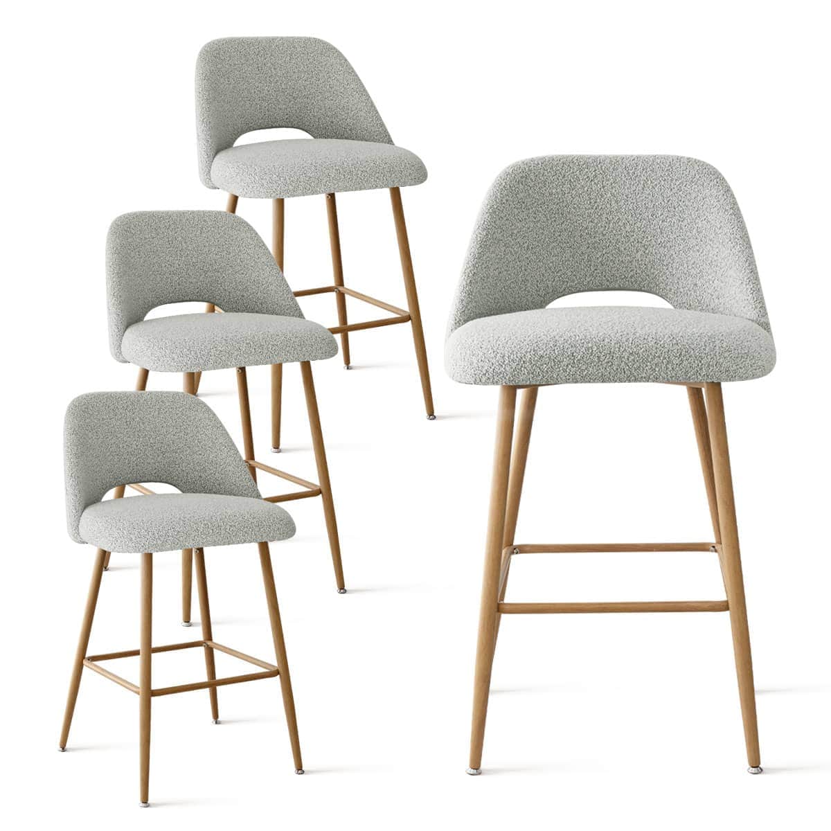 Maison Boucle EDWIN-MB-OKB-GREY-4 Set of 4 Gray Boucle Bar Stools 26 Inch Counter Height Stools with Metal Legs for Kitchen Island