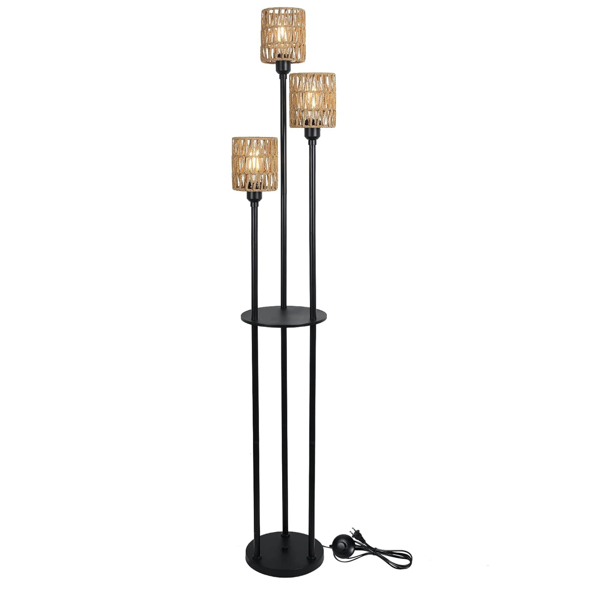 Bybafun YB5100040 66.1-in Black Multi-head Floor Lamp with Rattan Shade