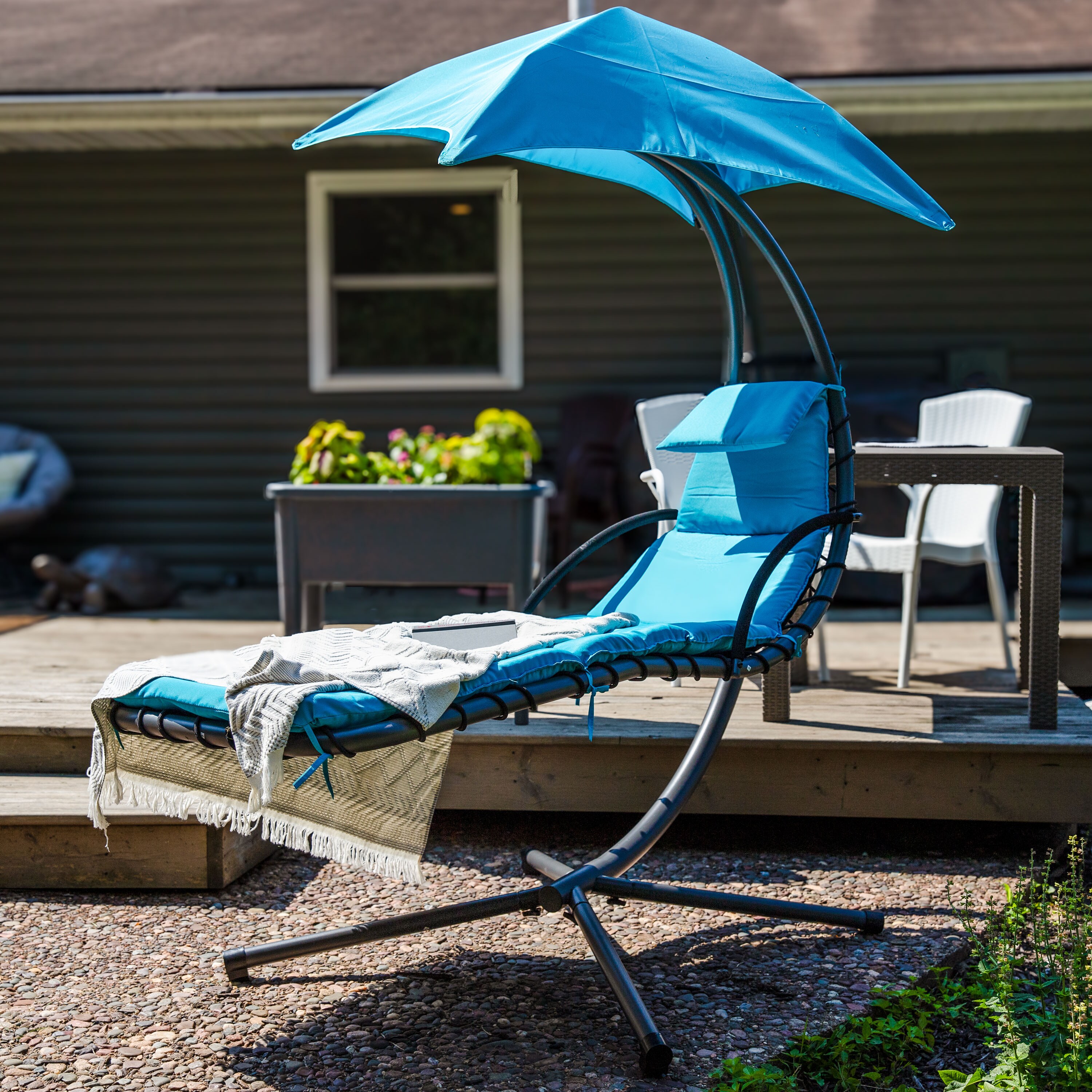 Teal Floating Chaise Lounge Chair with Canopy and Cushions