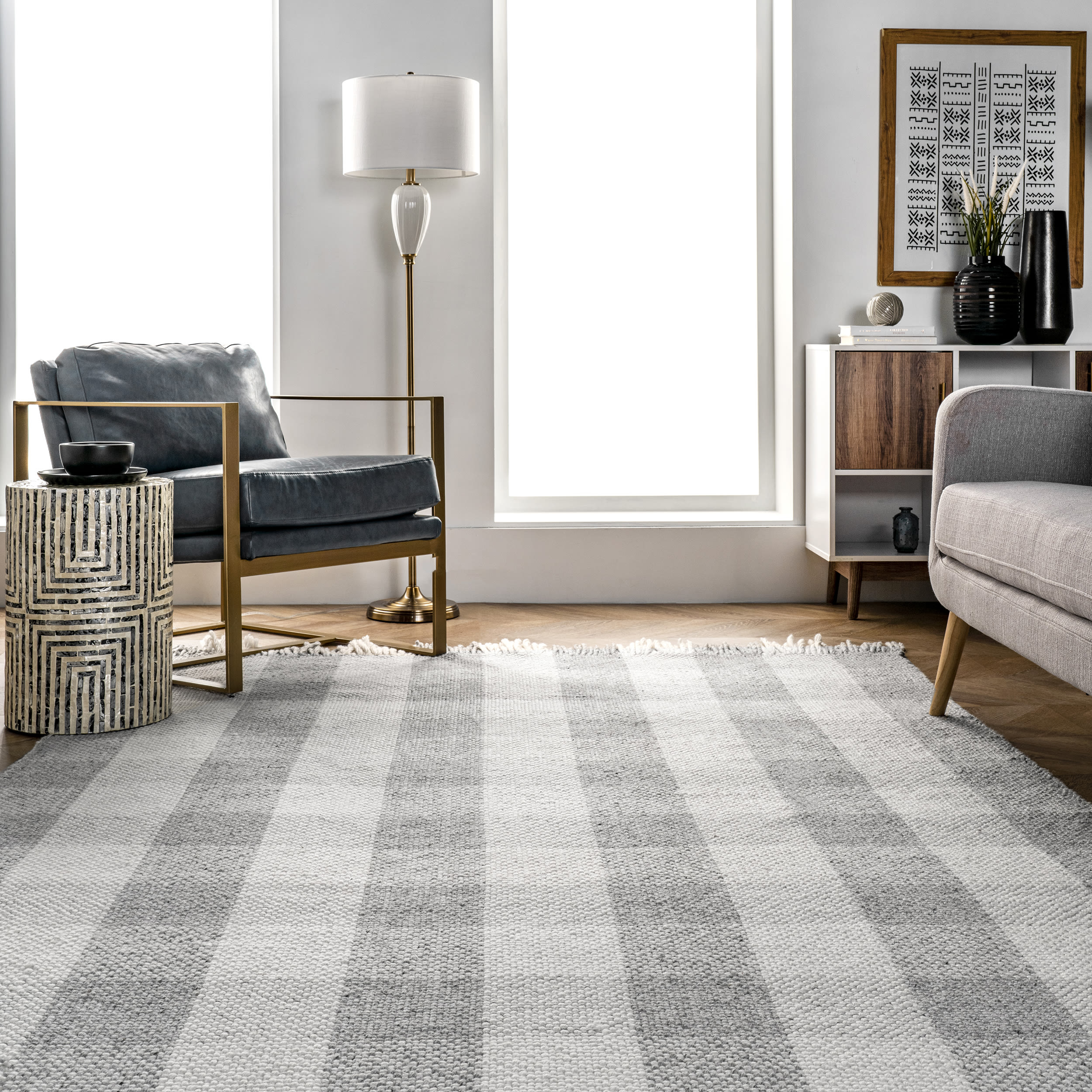 Ellis Farmhouse Plaid 5'x8' Gray Synthetic Easy-Care Area Rug