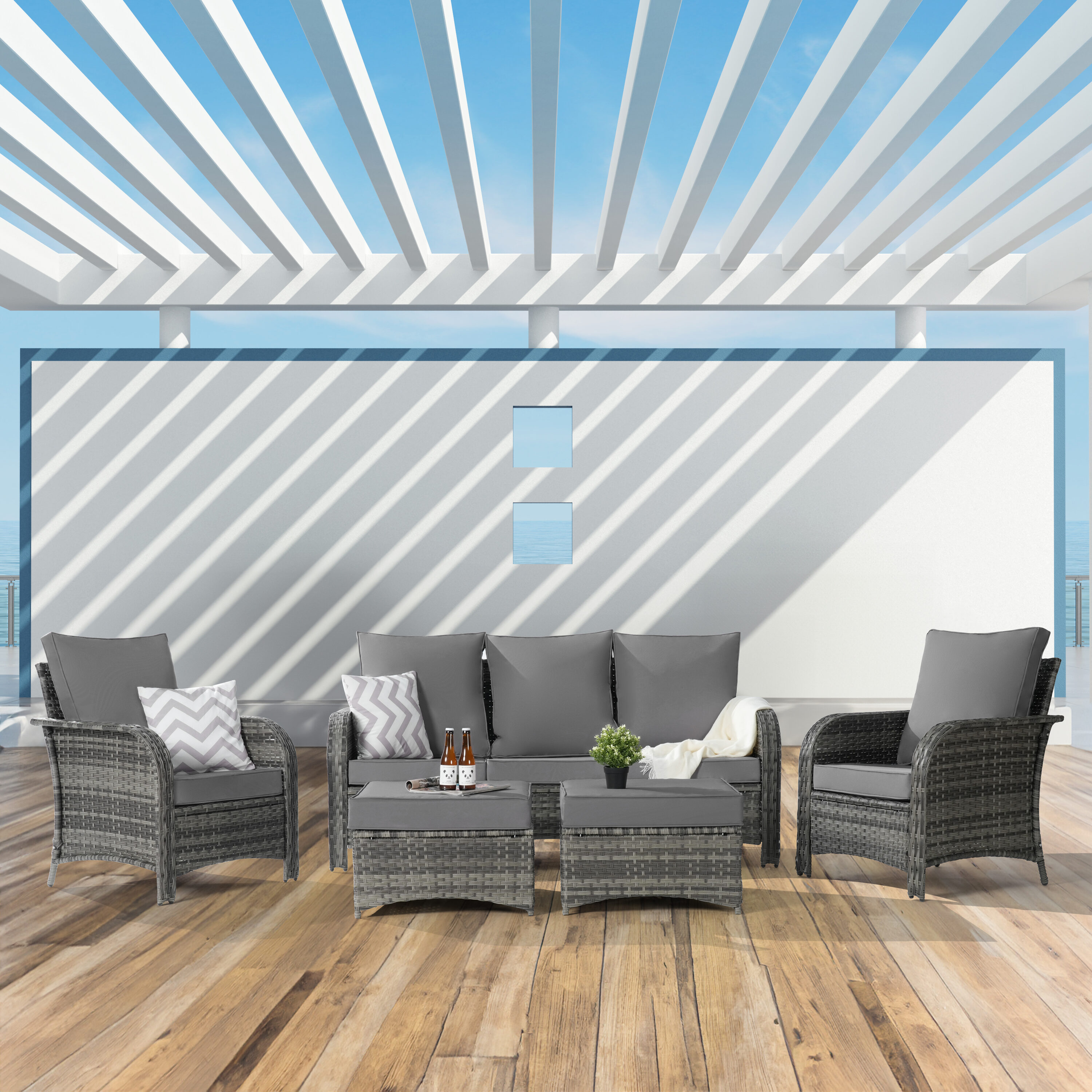 SANSTAR L-WS802-LY-V1 Patio Conversation Set 5 -Piece Wicker 2 Patio Sofa Conversation Set with Gray Cushions